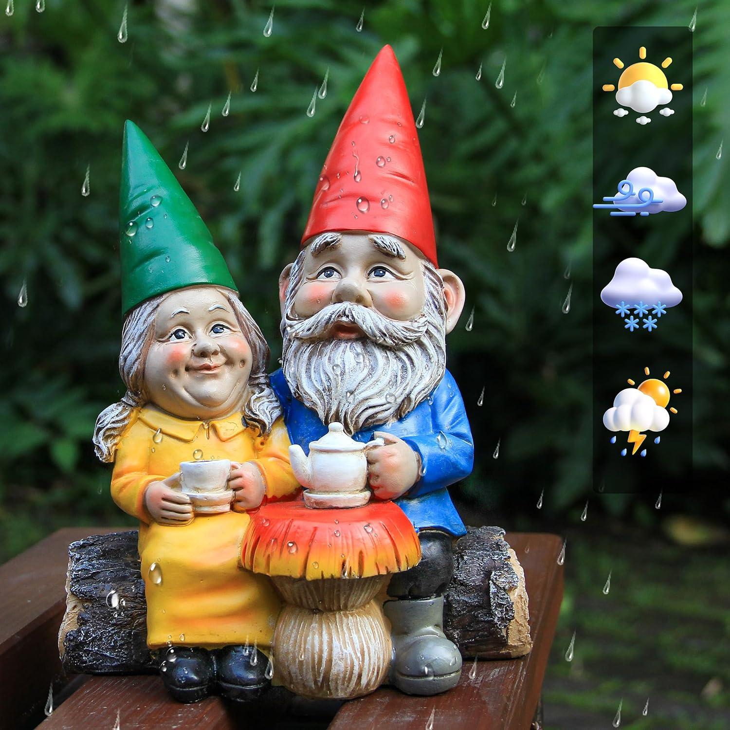 Colorful Resin Couple Gnomes on Log with Mushroom Table