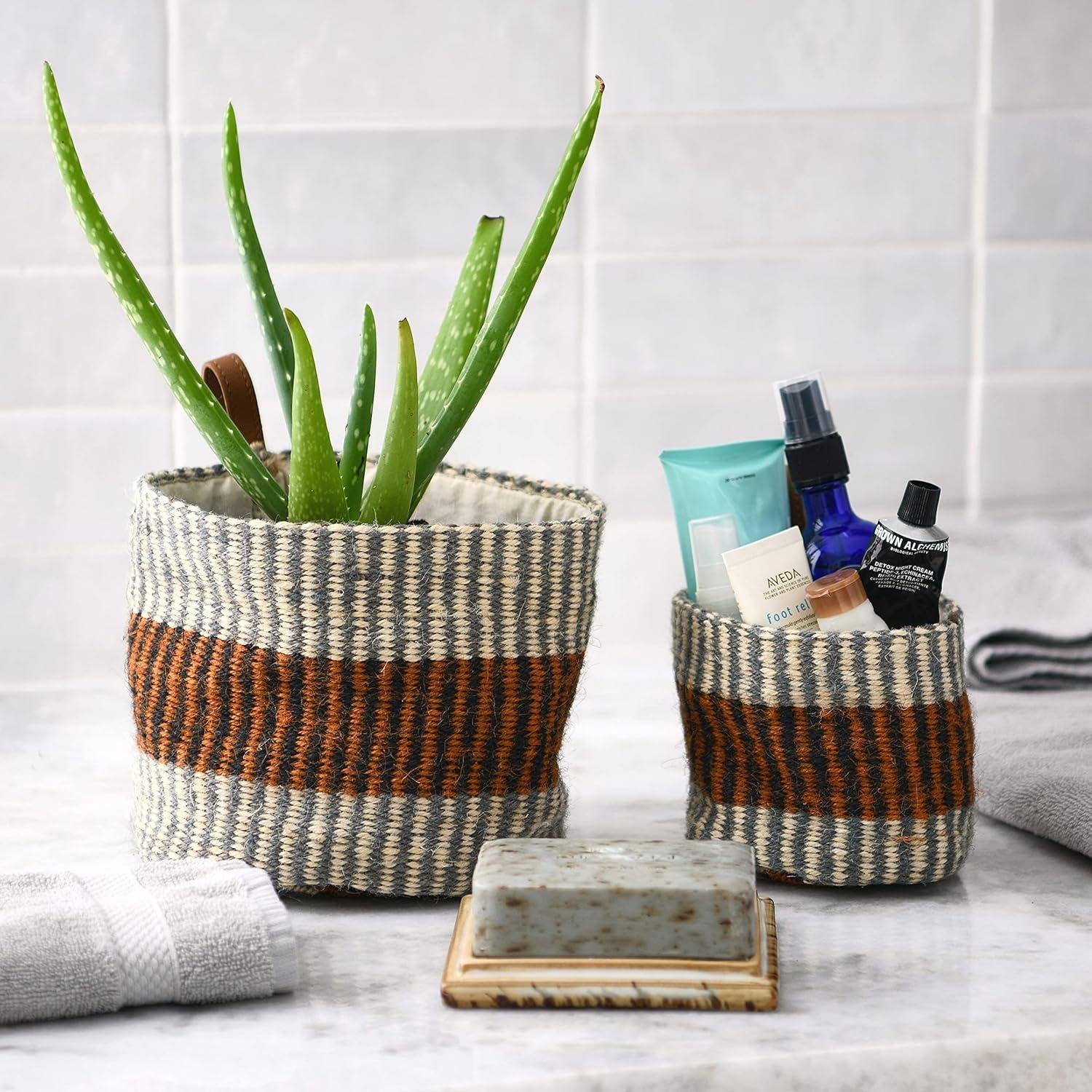 Creative Co-Op Woven Jute Baskets with Liner, Rust Striped, Set of 2 Sizes