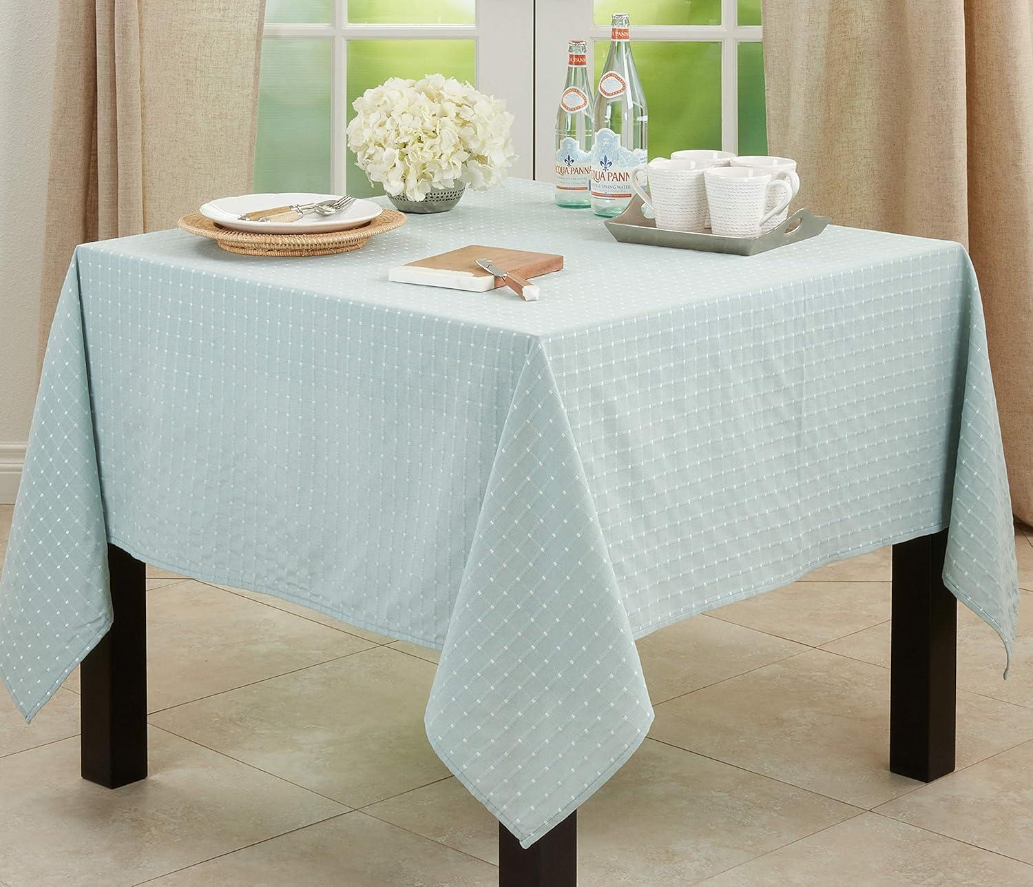 Aqua Square Stitched Cotton-Polyester Tablecloth, 70"