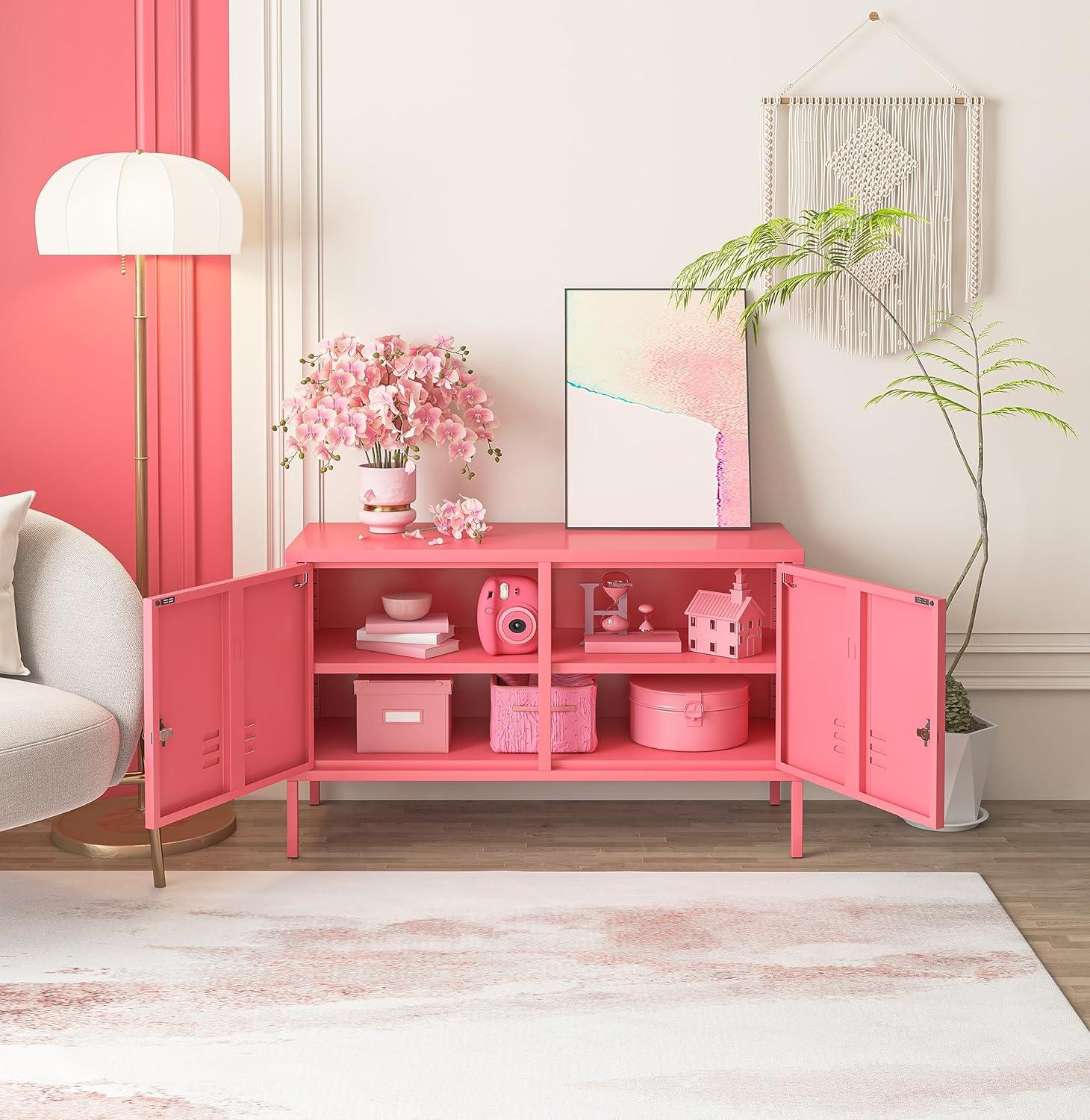 2 Doors Metal Storage Cabinet Multifunction lockers Modern TV Stand Large Space Adjustable Bedroom Locker Red Size: 23.62”H x 39.37”W x 14.96”D