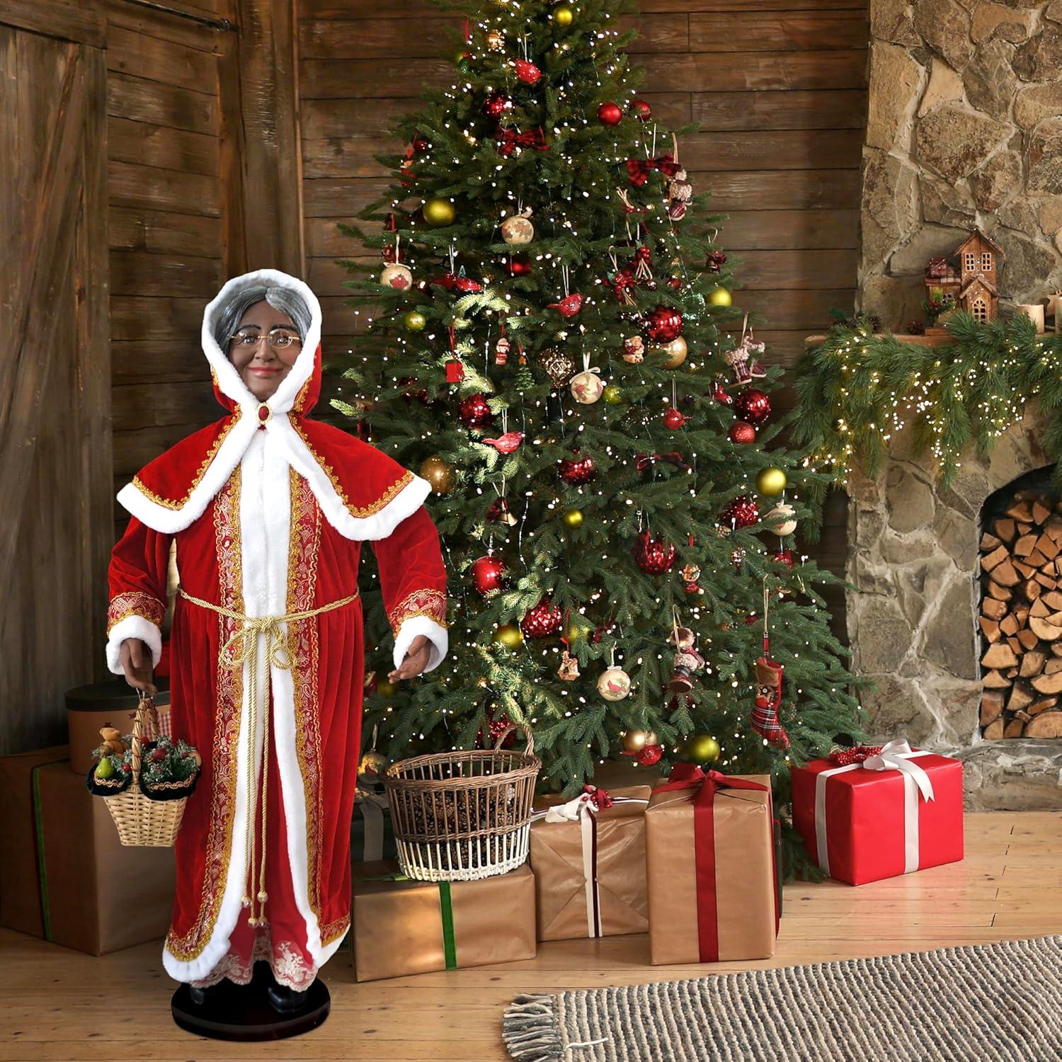 Fraser Hill Farm 58-in. Dancing African American Mrs. Claus with Hooded Cloak and Basket, Life-Size Christmas Holiday Indoor Home Decor, FMC058D-2RD1-AA