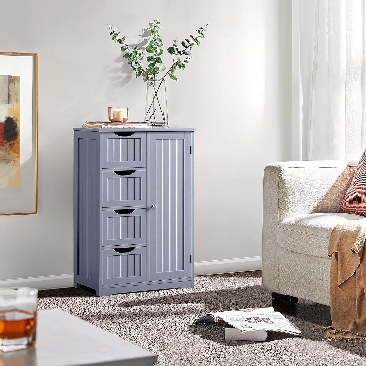 Gray MDF Bathroom Floor Cabinet with Adjustable Shelves and Drawers