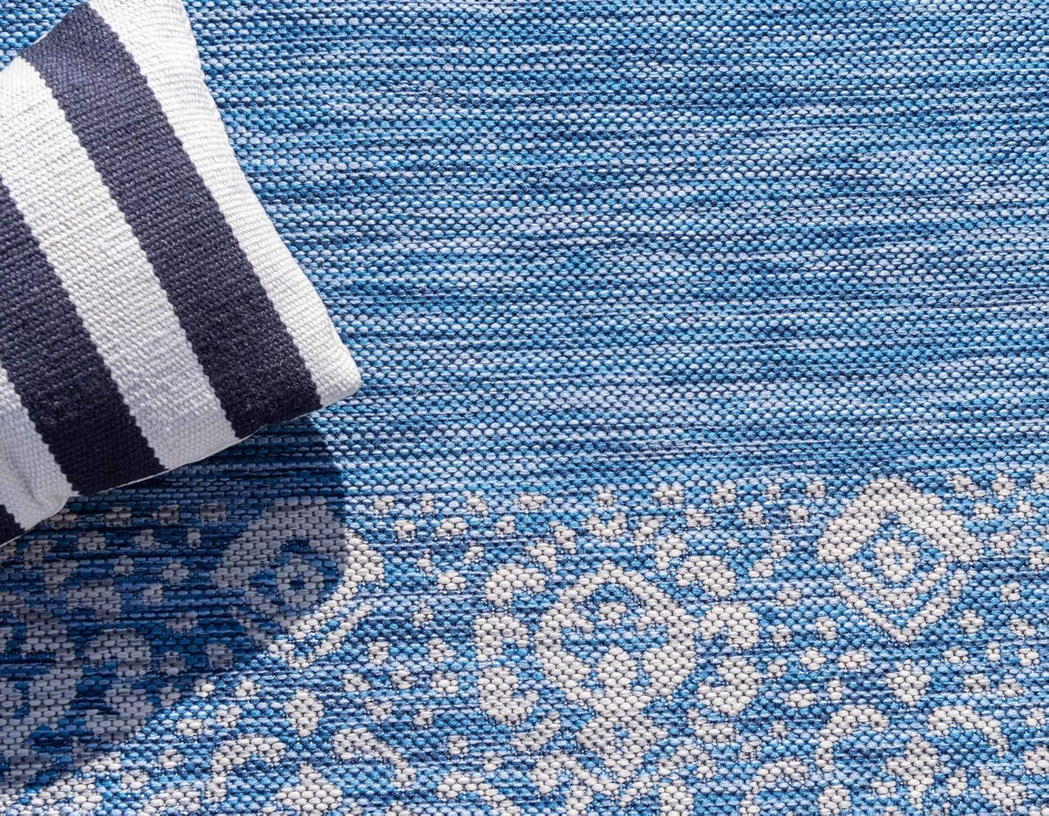 Unique Loom Outdoor Border Collection Area Rug - Floral Border (5' 1" x 8' Rectangle Blue/Ivory)