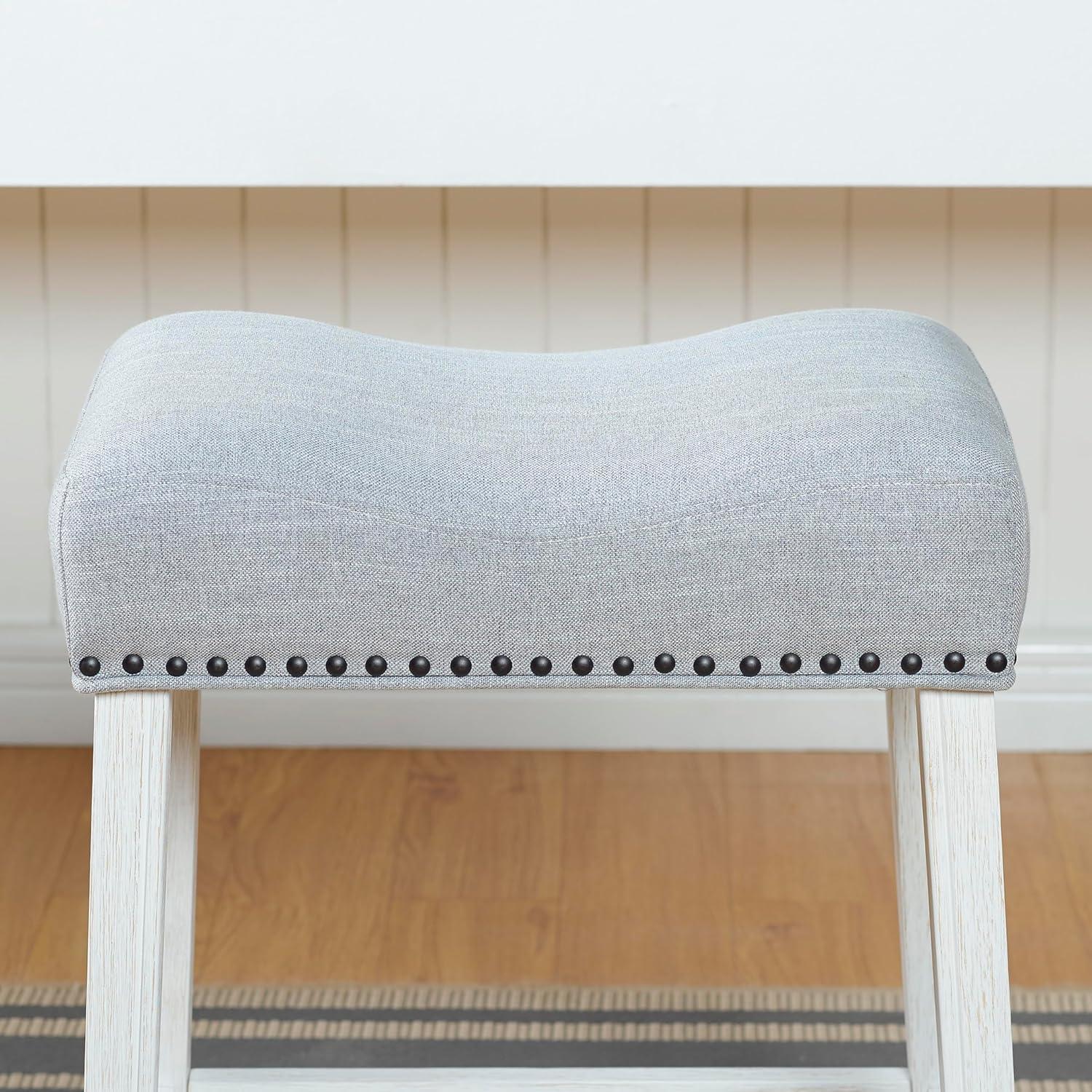 Roundhill Furniture CoCo Upholstered Counter Height Stools - Saddle Seat, White-Washed Finish, Gray Fabric, Set of 2