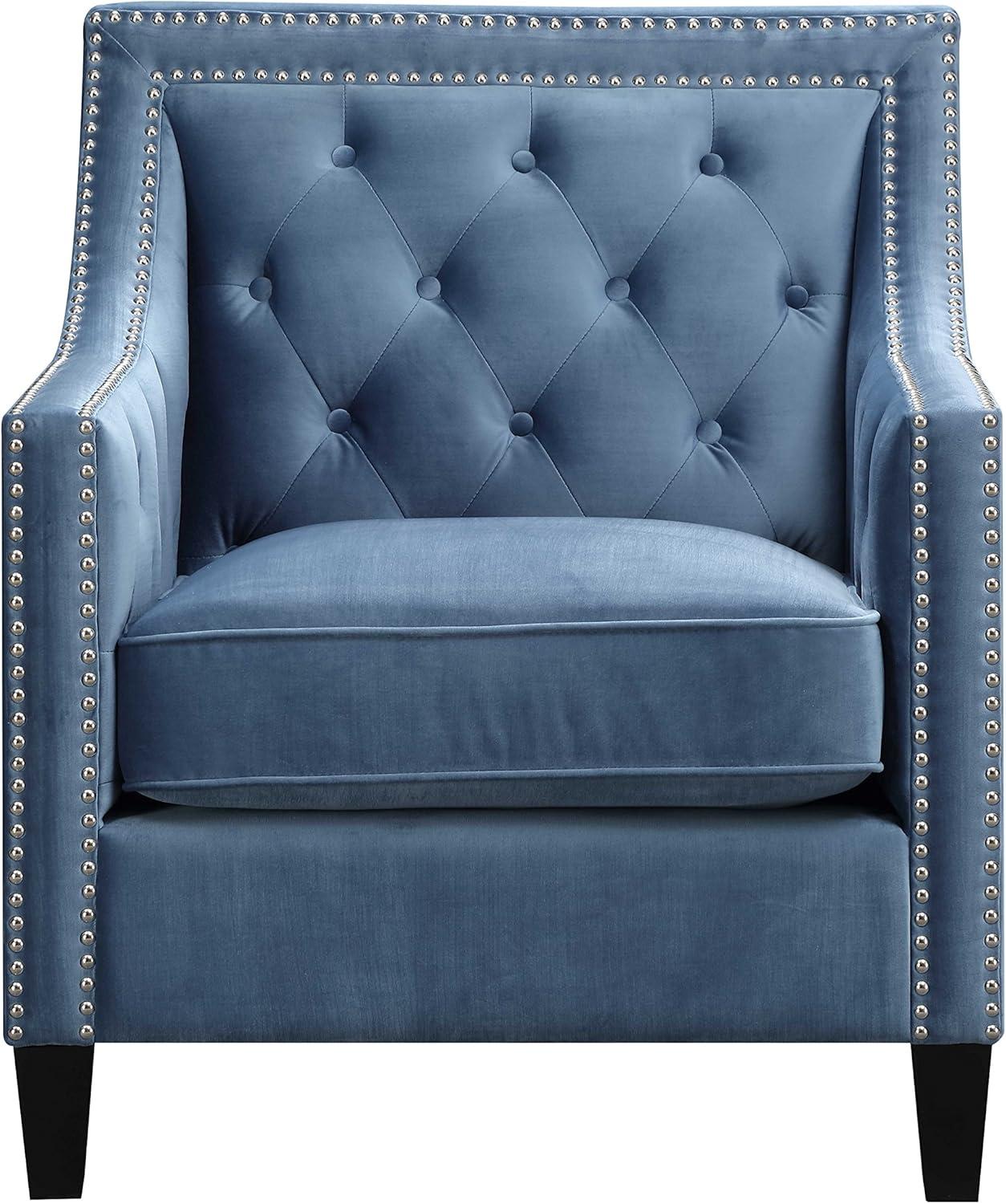 Marine Blue Velvet Square-Arm Accent Chair with Silver Nailhead Trim