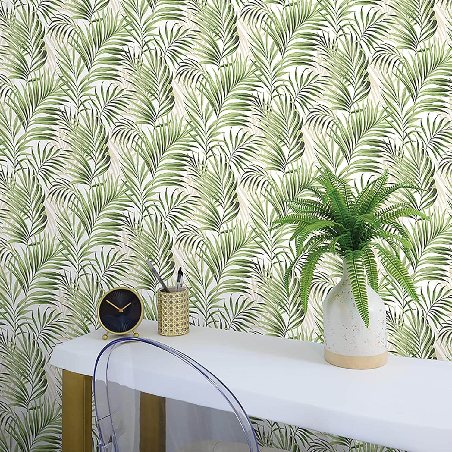 Aloe Green and Taupe Tropical Peel & Stick Wallpaper