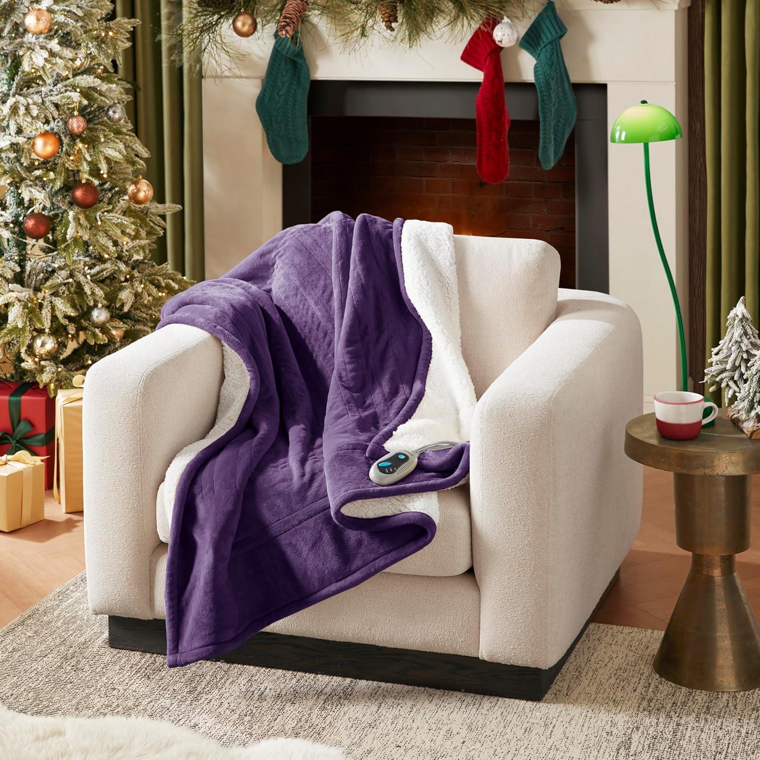 60"x70" Electric Heated Microlight to Berber Throw Blanket Purple: Beautyrest, Lightweight, Machine Washable