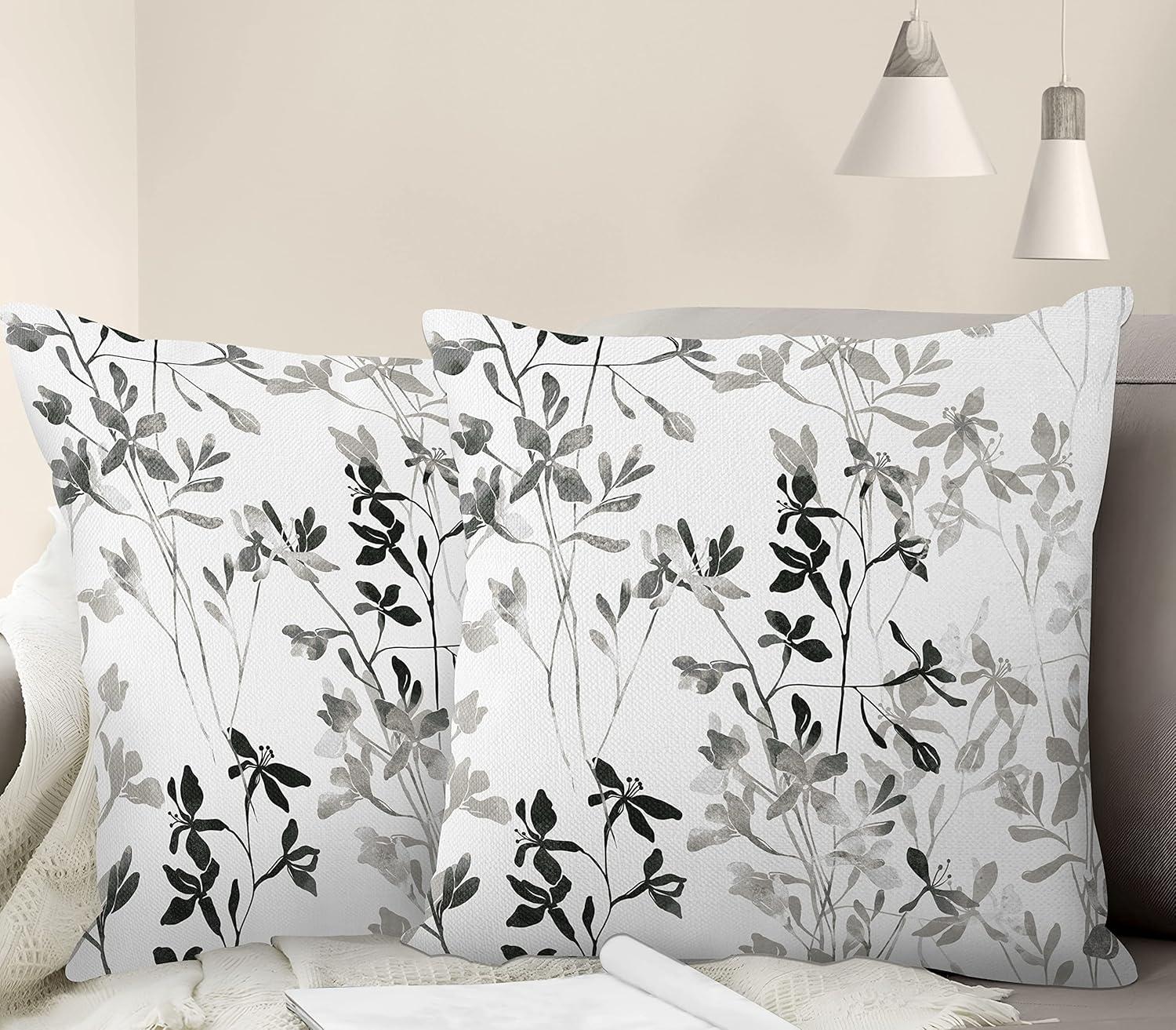 Black and White Floral Cotton Euro Pillow Covers Set