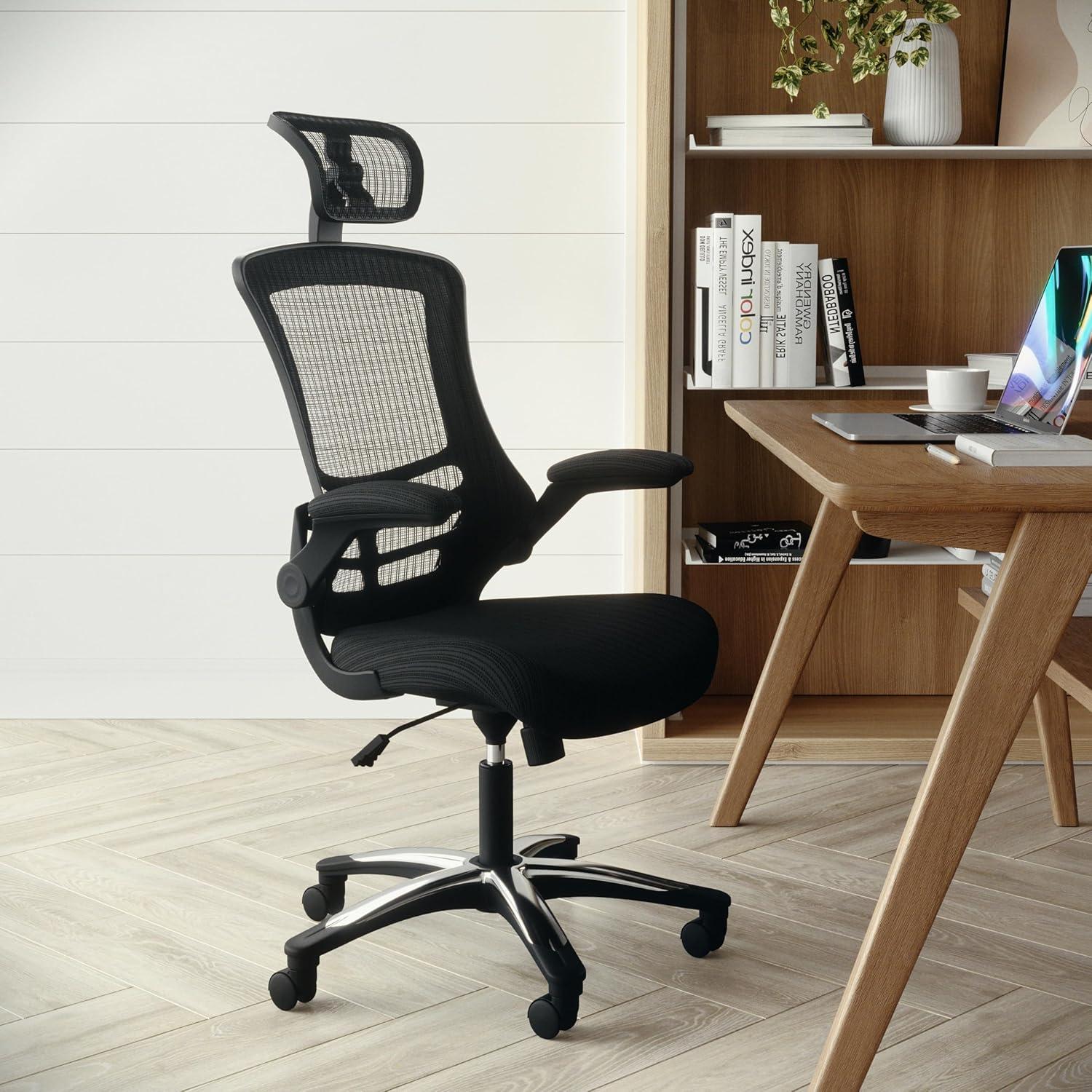 Flash Furniture Kelista High-Back Black Mesh Swivel Ergonomic Executive Office Chair with Flip-Up Arms and Adjustable Headrest