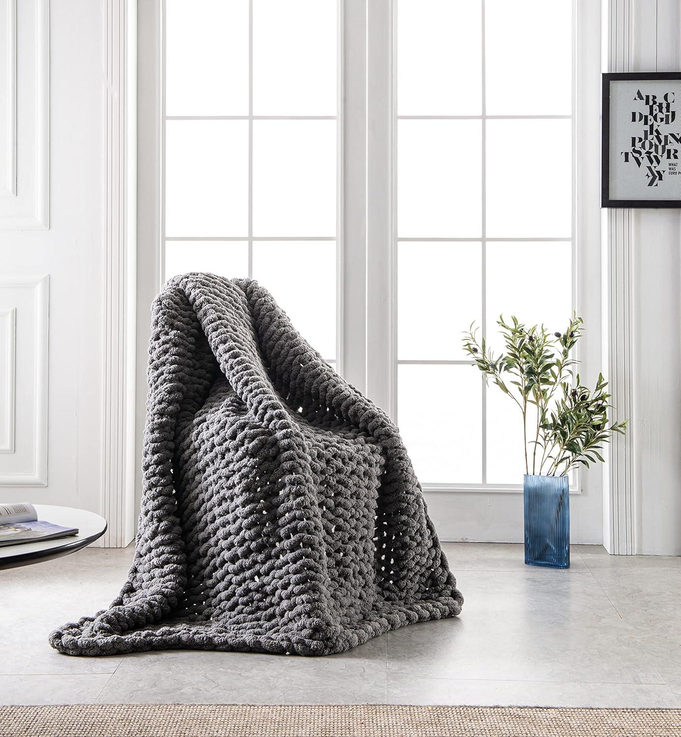 Slate Grey Chunky Knit Wool Throw Blanket 50" x 60"