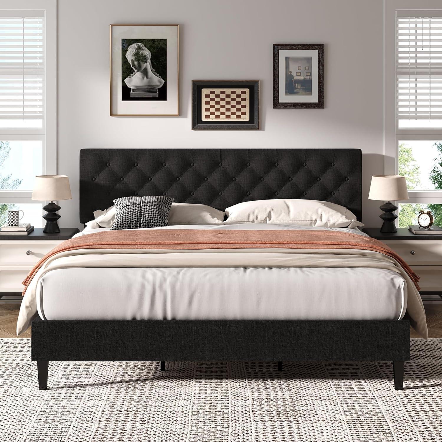 King Size Bed Frame, Upholstered Platform Bed Frame King with Button Tufted Headboard, Wooden Slats Support, No Box Spring Required, Easy Assembly, Navy Blue