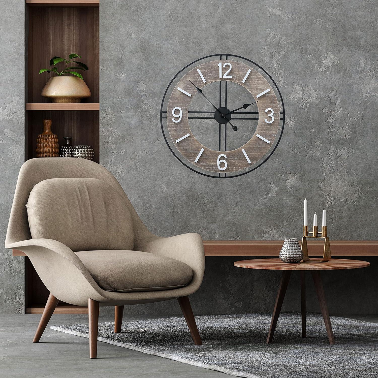 Modern Farmhouse Clock, Black Frame, White Numerals, Distressed Finish, Metal, MDF, Quartz Movement, 23.5 Inches (60 cm) 1 AA Battery (Not Included) Loft Living Collection