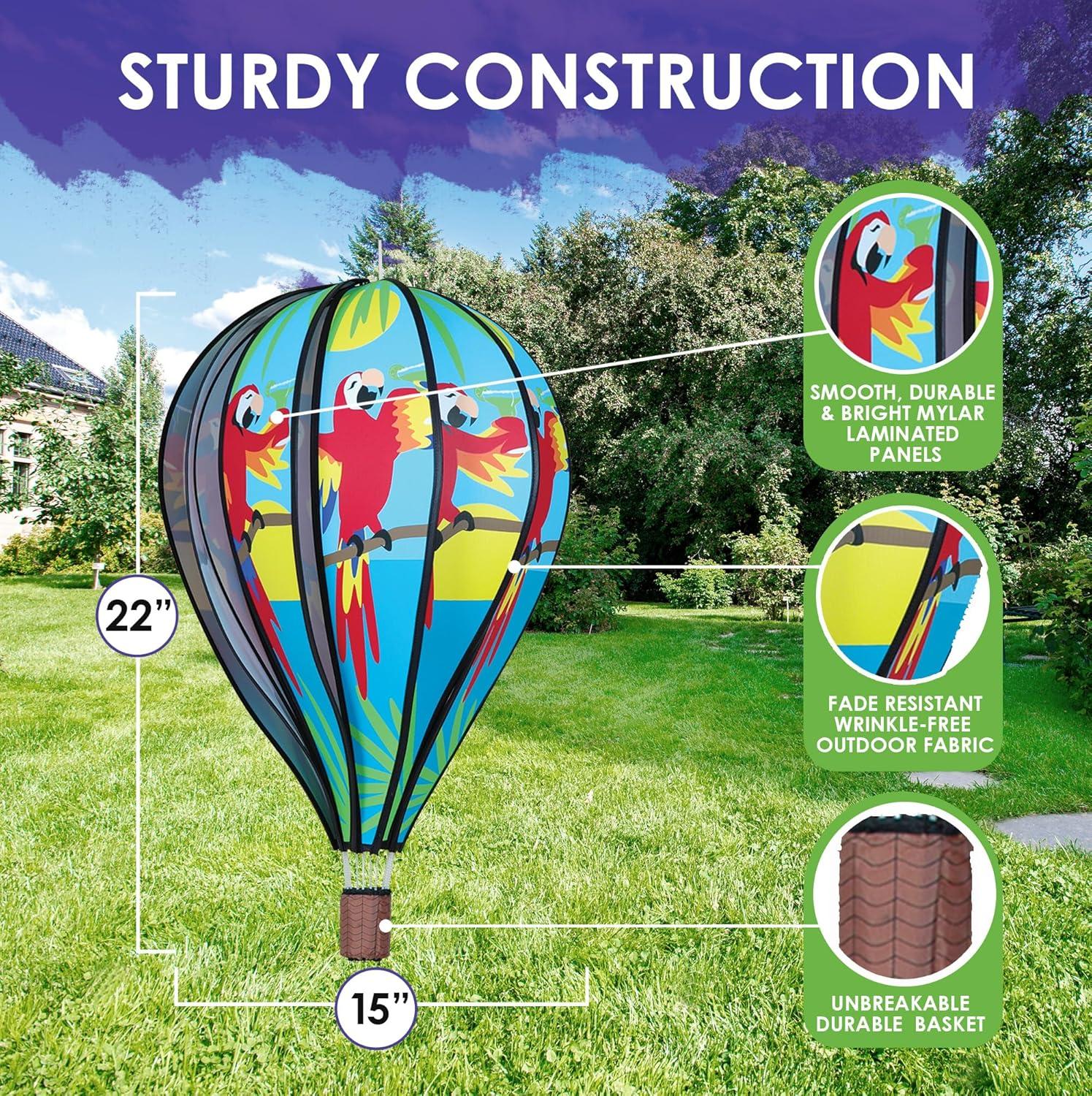 Vibrant Parrot Hot Air Balloon Garden Spinner 22" Weather-Resistant