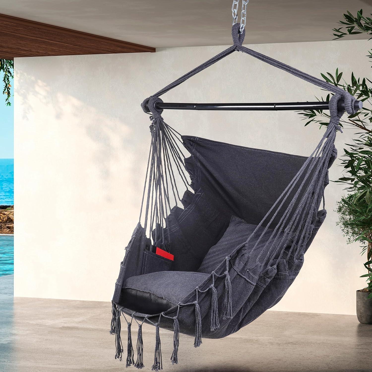 7Penn Hammock Chair Swing - Indoor Outdoor 440lb Max Black Boho Hanging Chair