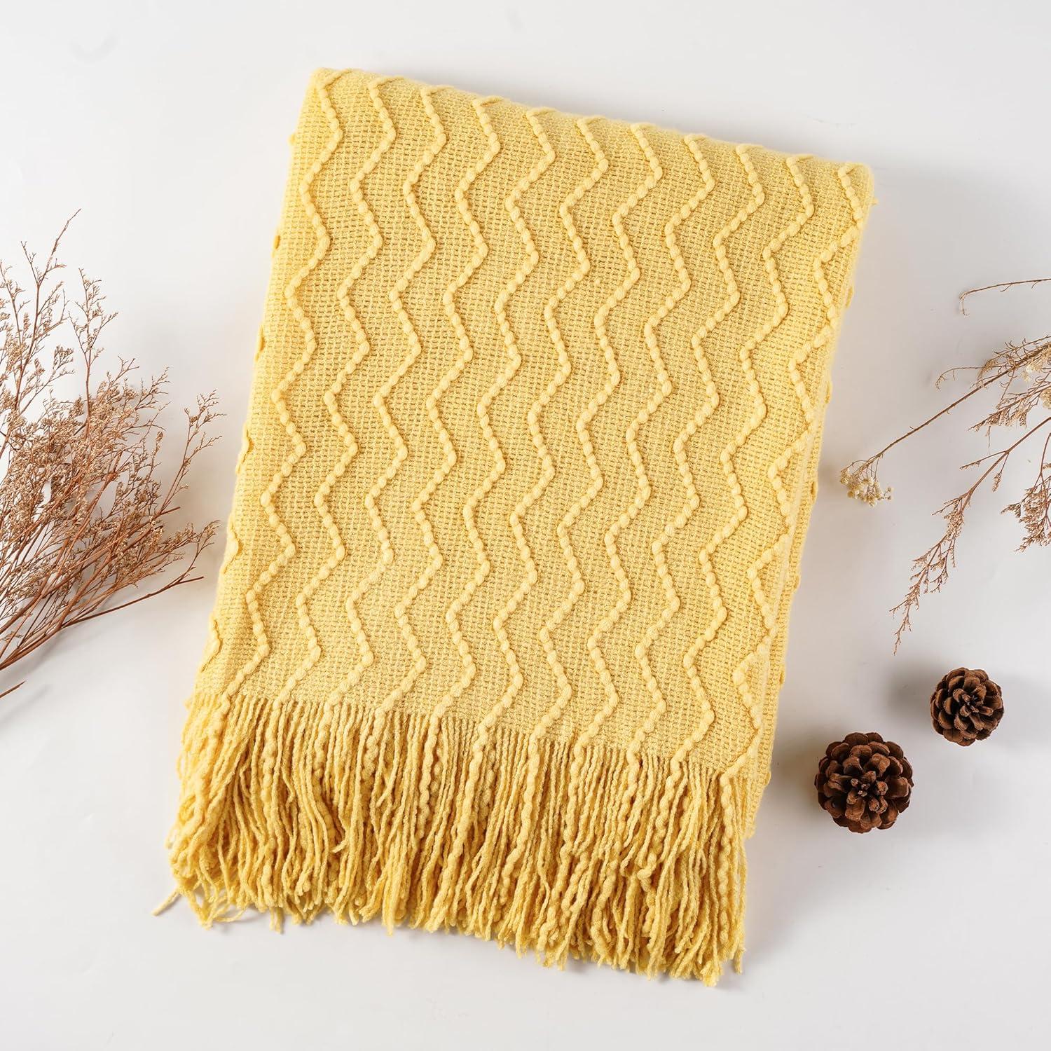 Battilo Yellow Throw Blanket Acrylic Decor Throws,Spring Decorative Knitted Blanket, Housewarming Gifts,50"x60", Mustard