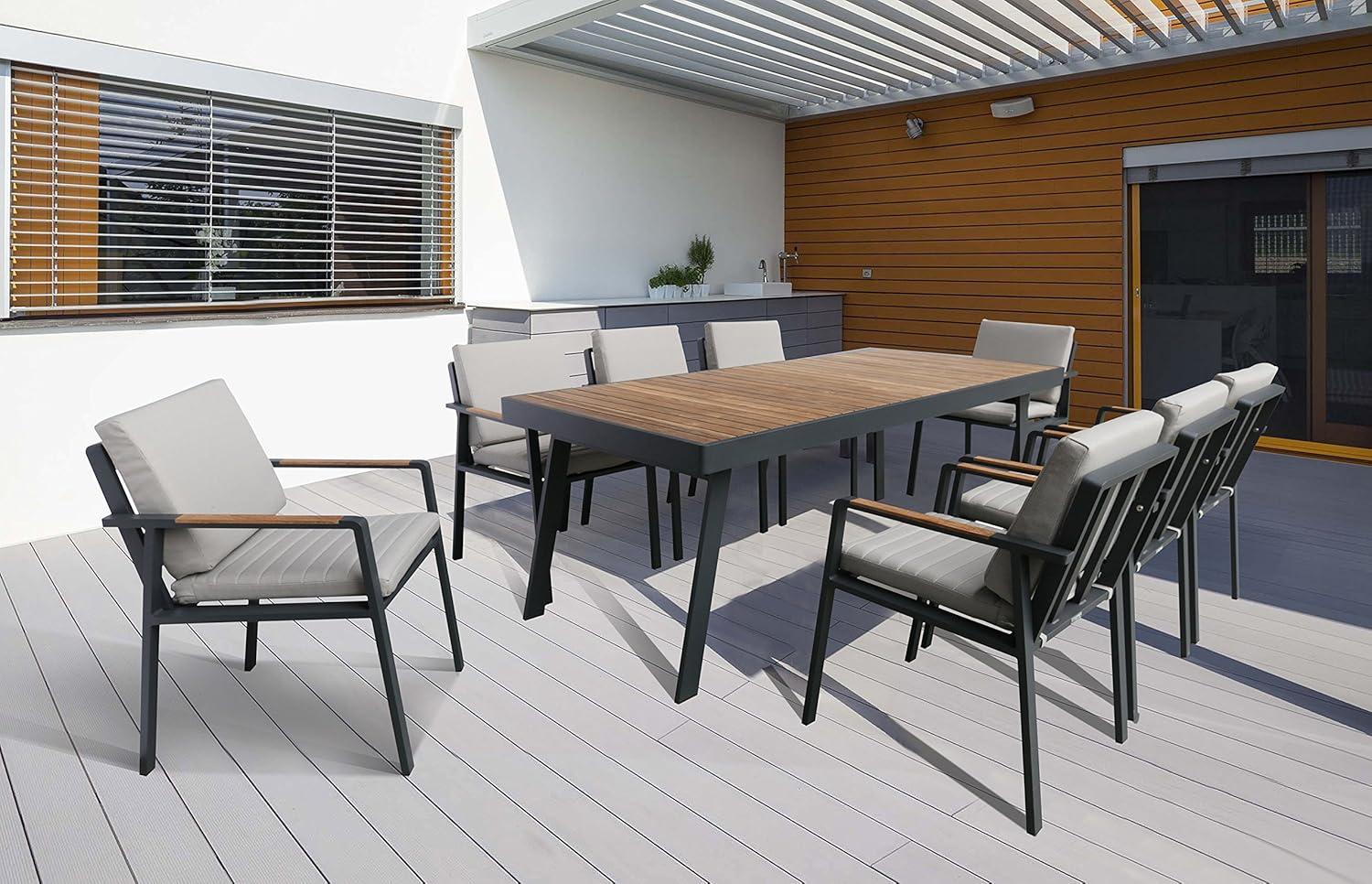 Armen Living Nofi Outdoor Patio Dining Chair in Charcoal Finish with Taupe Cushions and Teak Wood Accent Arms  - Set of 2