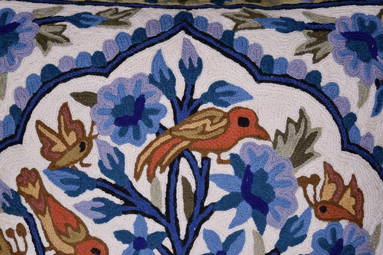 Teal Blue Embroidered Cotton Euro Pillowcase with Birds