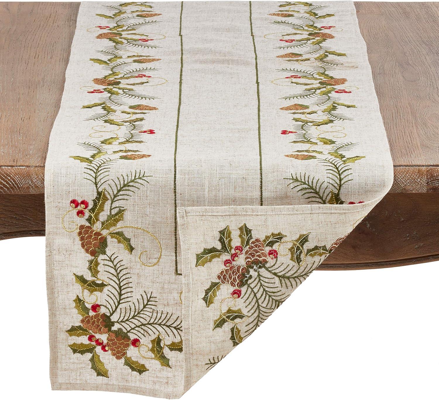 Saro Lifestyle Embroidered Pinecone and Holly Runner