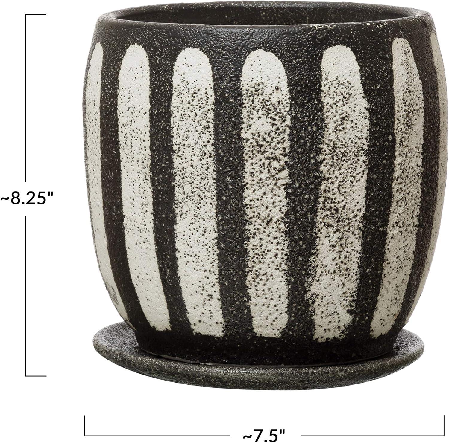 Bold Hand-Painted Black & White Terra-cotta Planter with Saucer, 7.5"