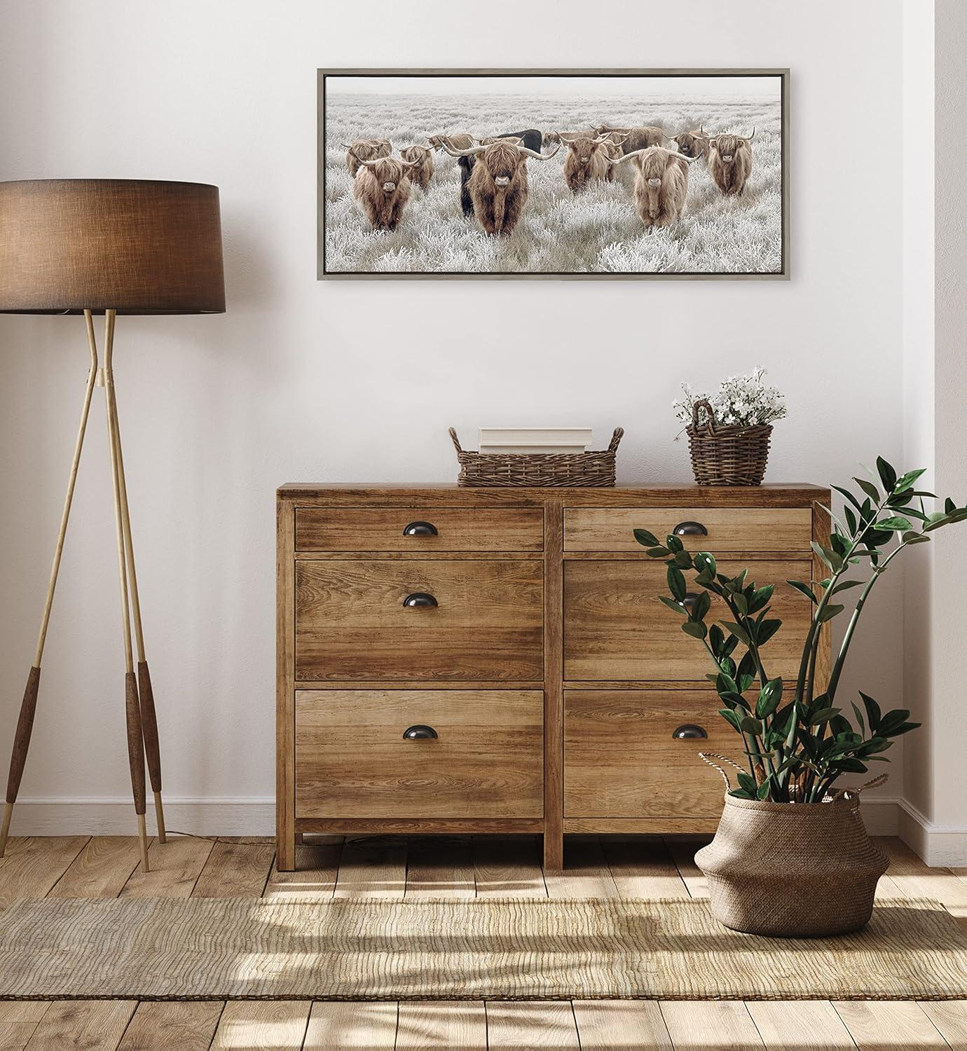 Herd of Highland Cows Gray Canvas Print with Polystyrene Frame