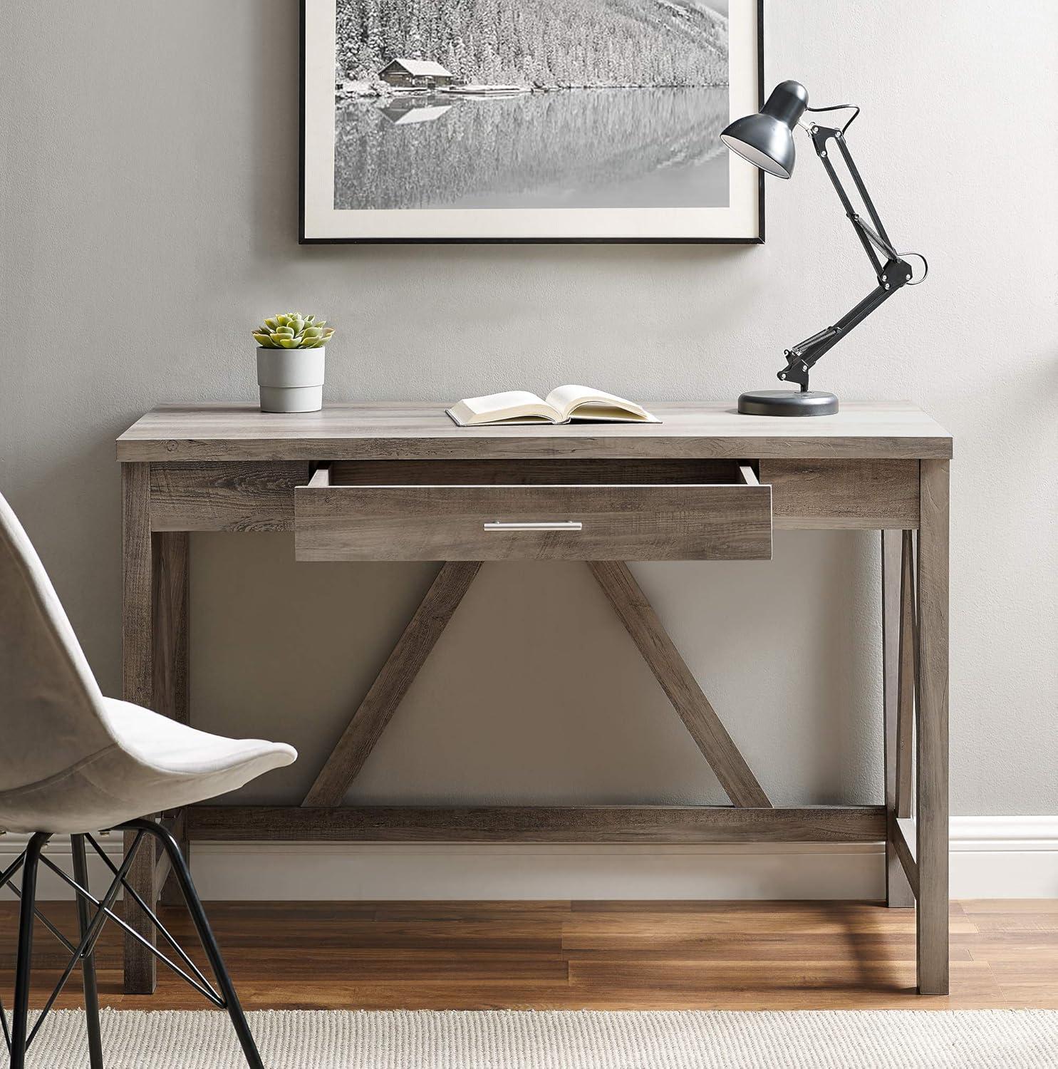 Rustic Grey Wash Wood Writing Desk with Drawer, 46 Inch