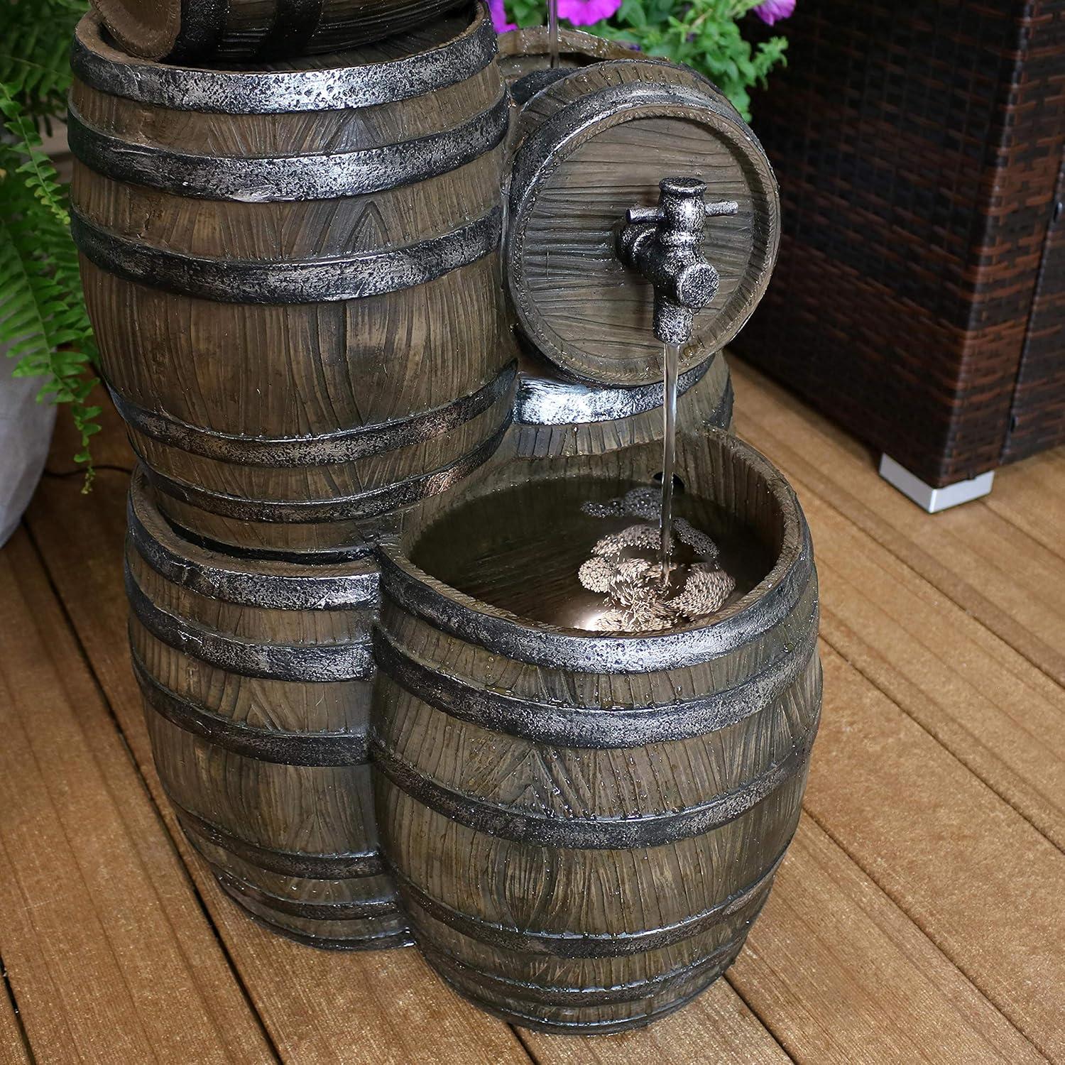 Sunnydaze 29"H Electric Polyresin Stacked Whiskey Barrel Outdoor Water Fountain with LED Lights