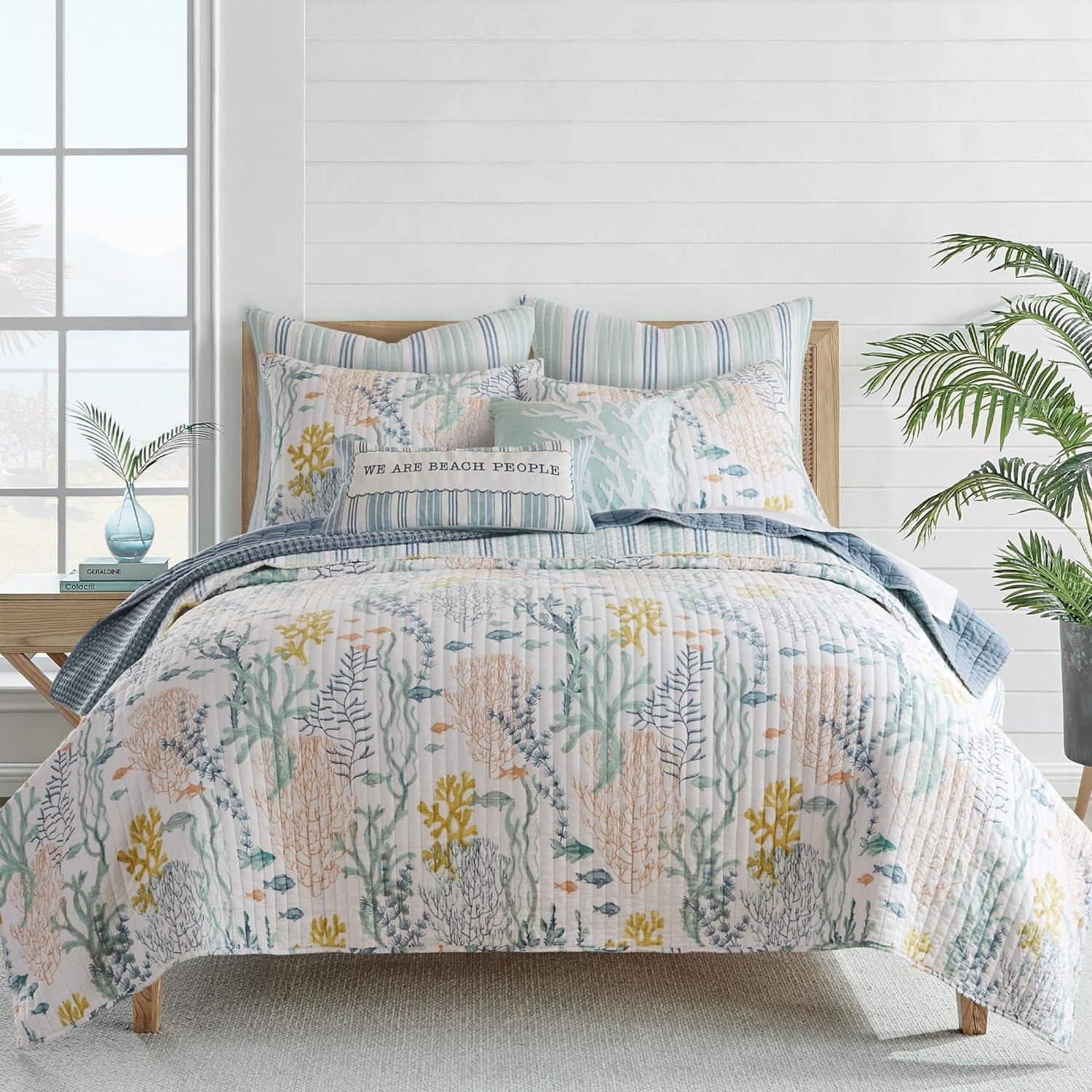 Ocean Meadow Blue Cotton King Reversible Quilt Set