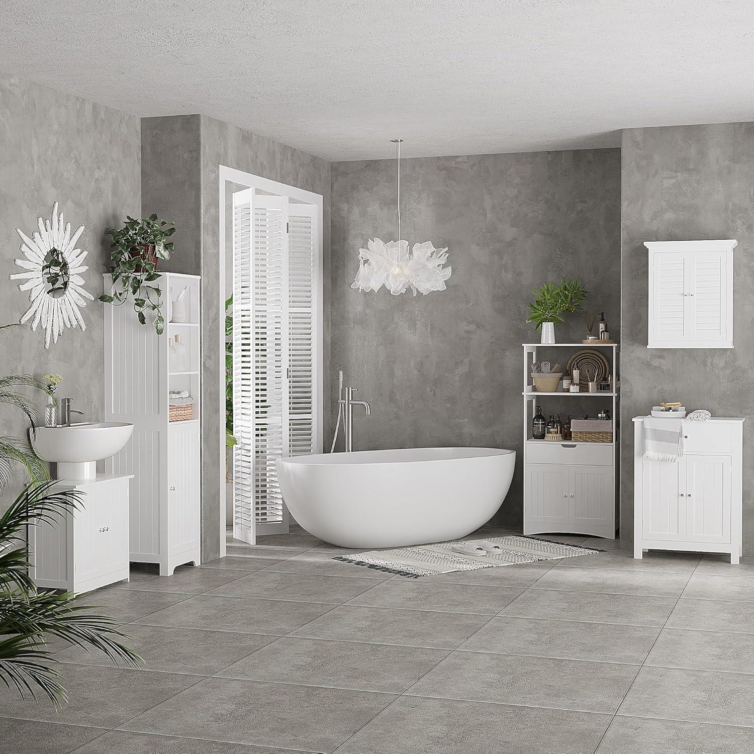 HOMCOM Under Sink Bathroom Cabinet, Pedestal Sink Storage Cabinet with 2 Doors, Shelf and U-Shape, White