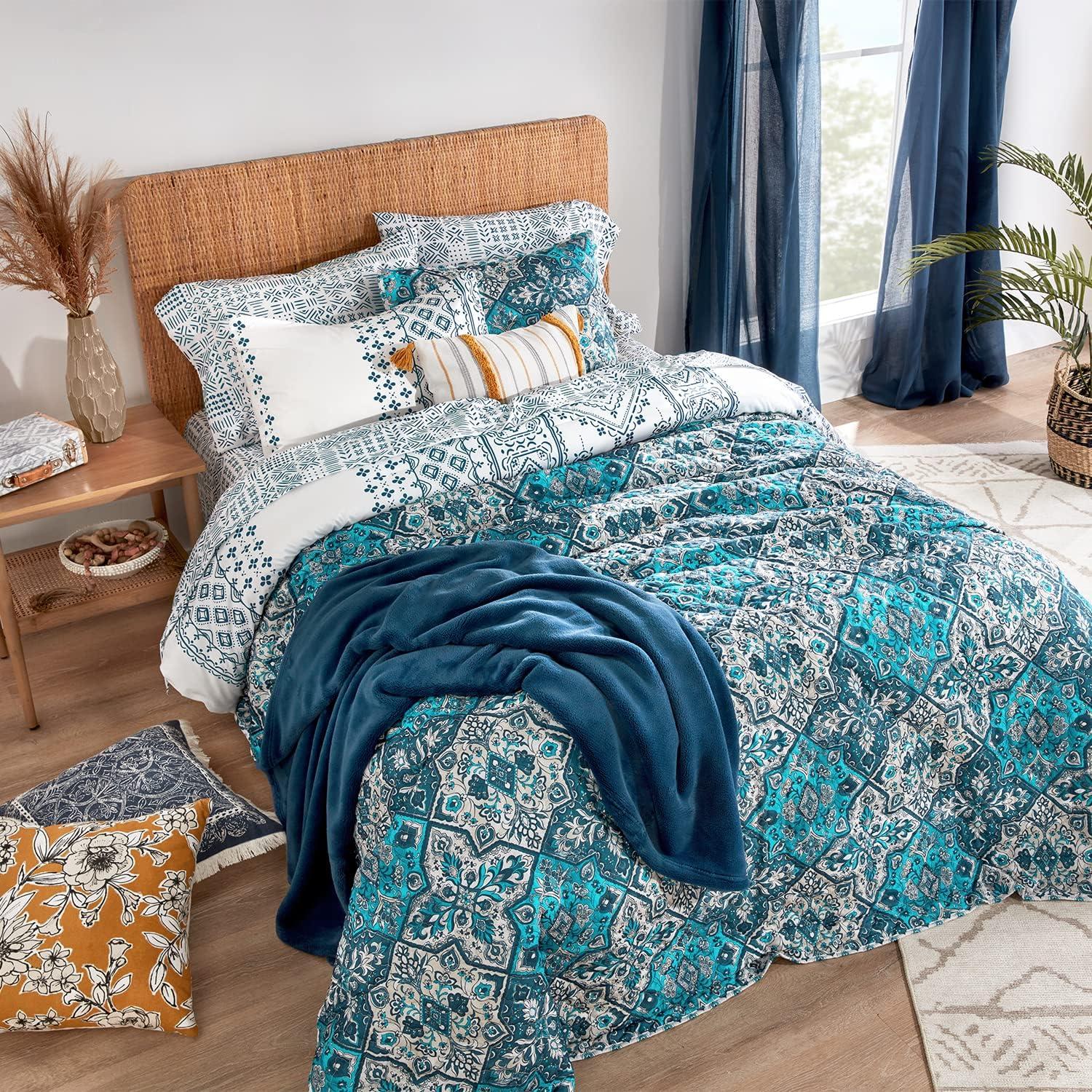 VCNY 2pc Twin Denim Boho Medallion Reversible Quilt Set: Microfiber, Hypoallergenic, No Fill