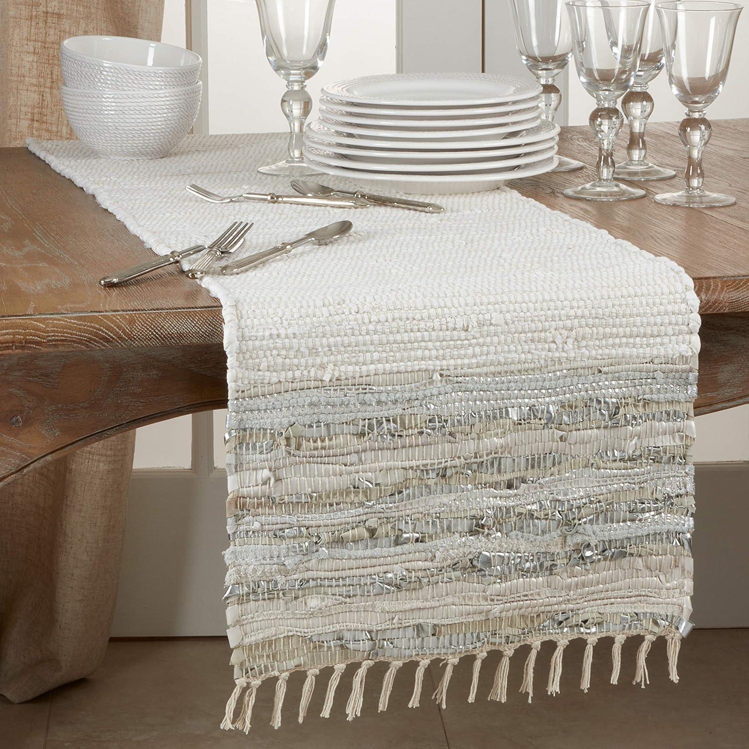 White and Silver Cotton Leather Chindi Table Runner with Tassels