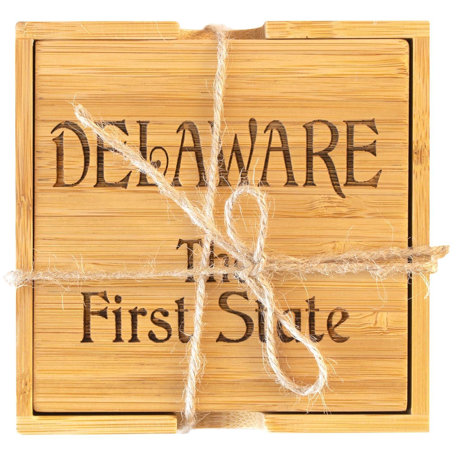 Delaware State Puzzle Bamboo Coaster Set with Case