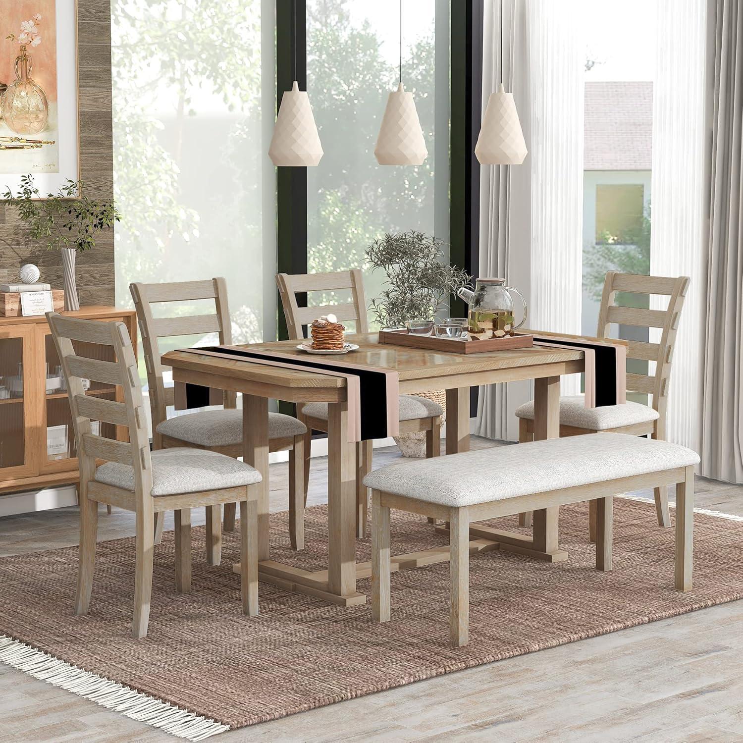 Dining Table Set for 6, 6 Piece Wood Kitchen Table Set, Dining Table and Chairs Set, Home Furniture Table Set with Chairs & Bench, Natural Wood Wash