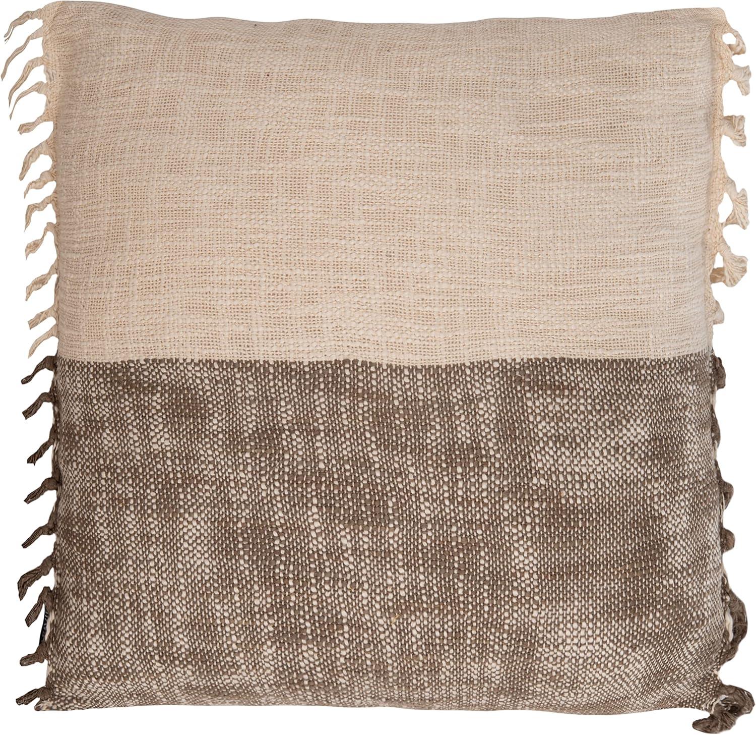 Beige and Grey Cotton Fringed Square Throw Pillow