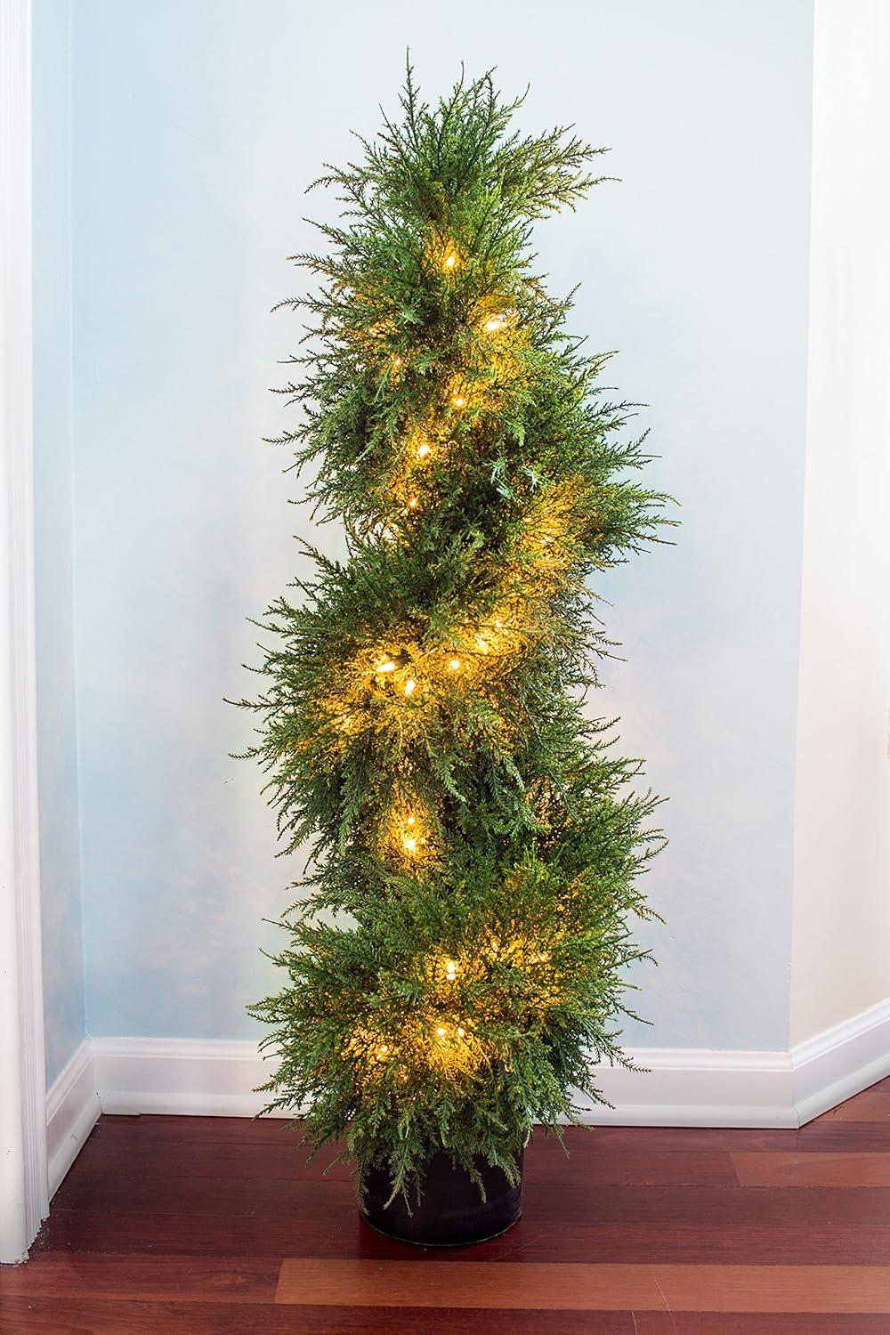 Elegant 40" Cedar Spiral Topiary with Built-in Lights, Potted