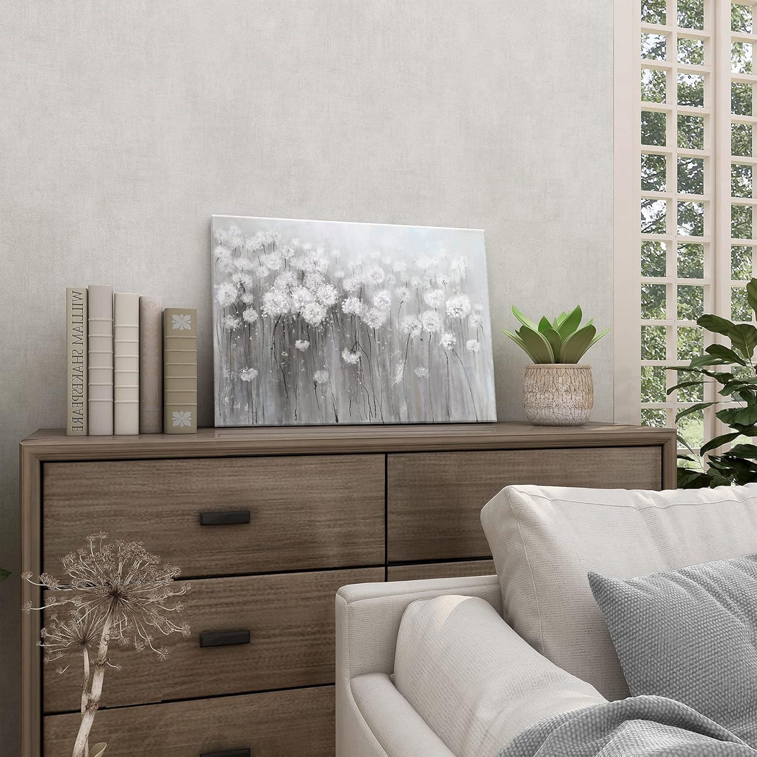 lamplig Wall Art Grey and White Flowers Modern Farmhouse Paintings Botanical Blossom Dandelion Pictures Artwork Floral Canvas Prints Living Room Bedroom Bathroom Home Decoration 16 x 24 Inch