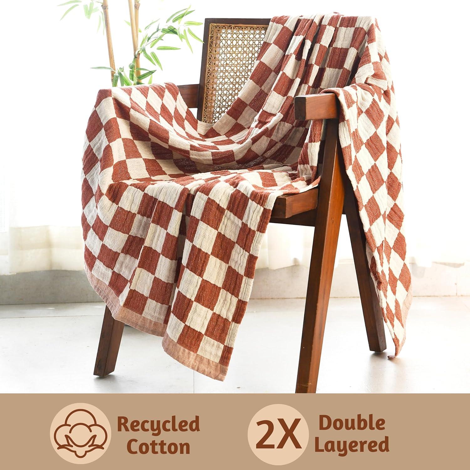 100% Cotton Throw Blanket, Rust Checks, 50x60in, Soft, Lightweight, Travel, Napping, All Seasons, Machine Wash (Rust)