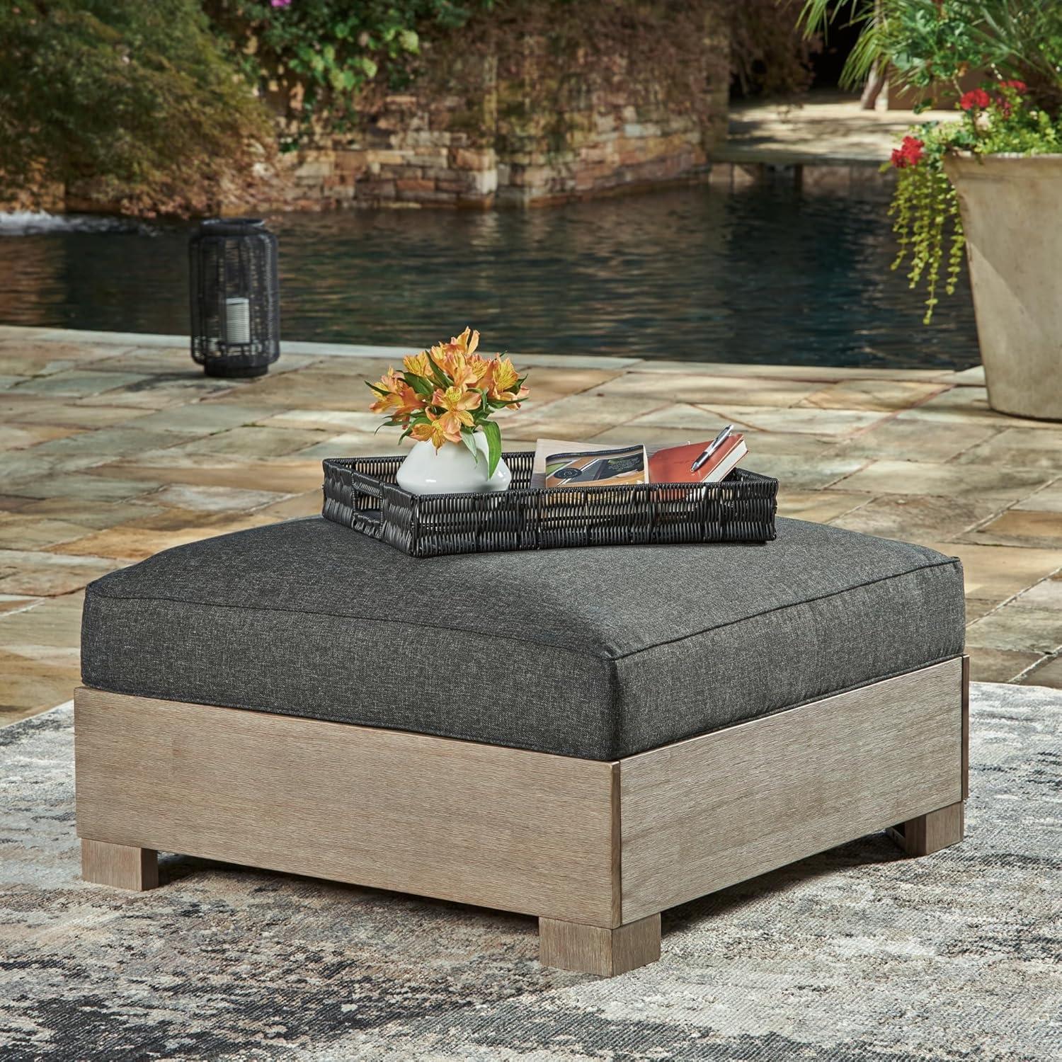 Signature Design by Ashley Casual Citrine Park Outdoor Ottoman with Cushion, Charcoal/Brown