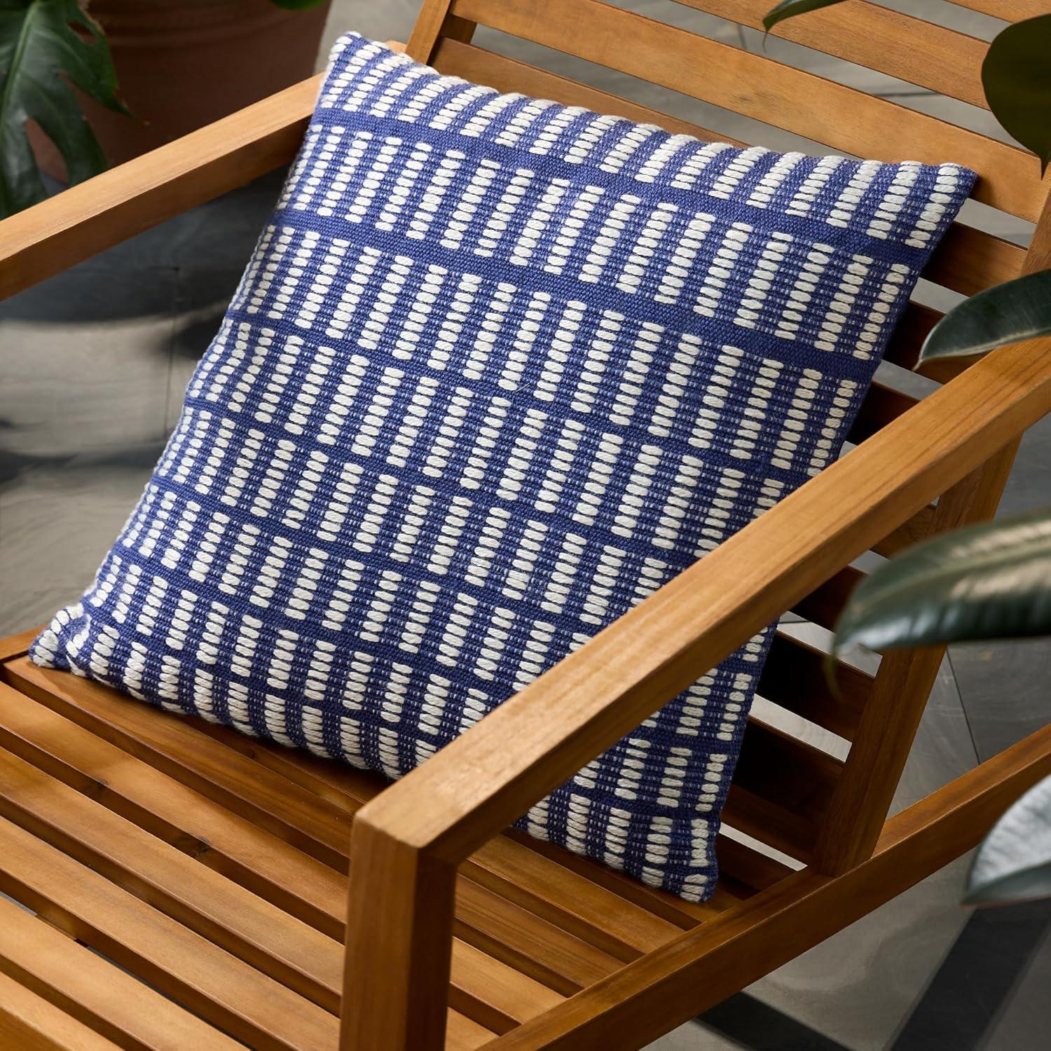 Blue and Ivory Geo Stripe Recycled Outdoor Pillow 20"x20"