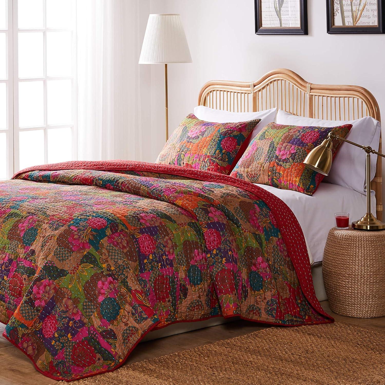Greenland Home Fashions 3pc King Jewel Quilt Bedding Set Red/Pink/Green: Cotton Microfiber, Machine Washable