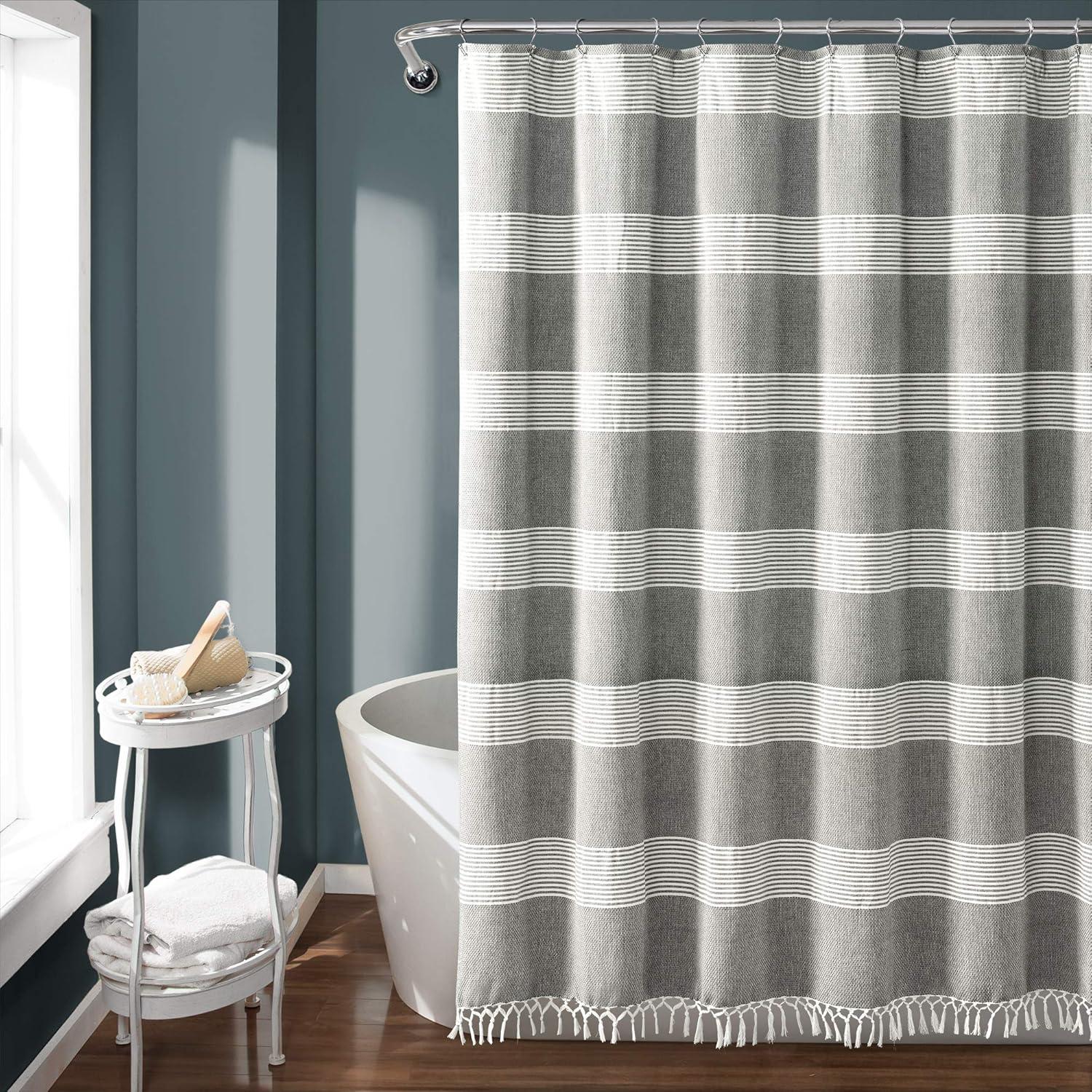 Gray and White Cotton Striped Tassel Shower Curtain