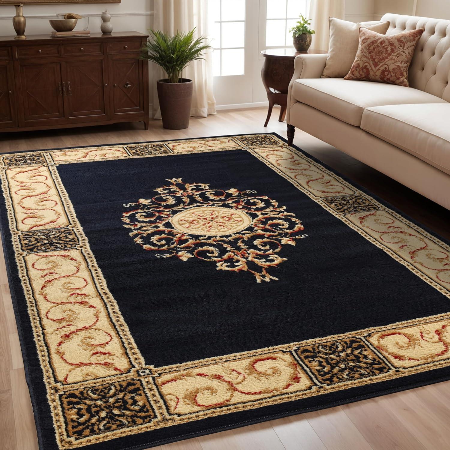 Superior Classic Elegant Floral Medallion Power-Loomed Indoor Area Rug, Midnight Blue, 4' x 6'