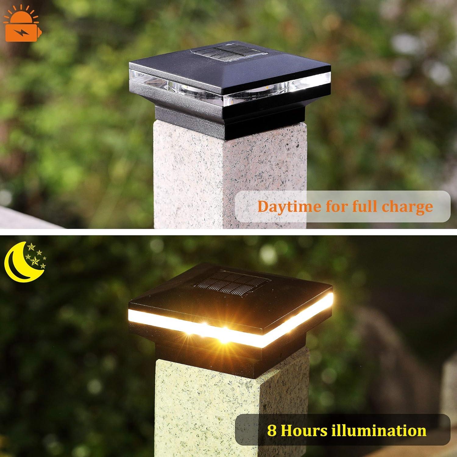 15 Lumen Post Lights for Outdoor, Fence Deck or Patio, Solar Powered Caps, Warm White High Brightness SMD LED Lighting, Lamp Fits 4x4, 5x5 or 6x6 Wooden Posts, 8 Pack