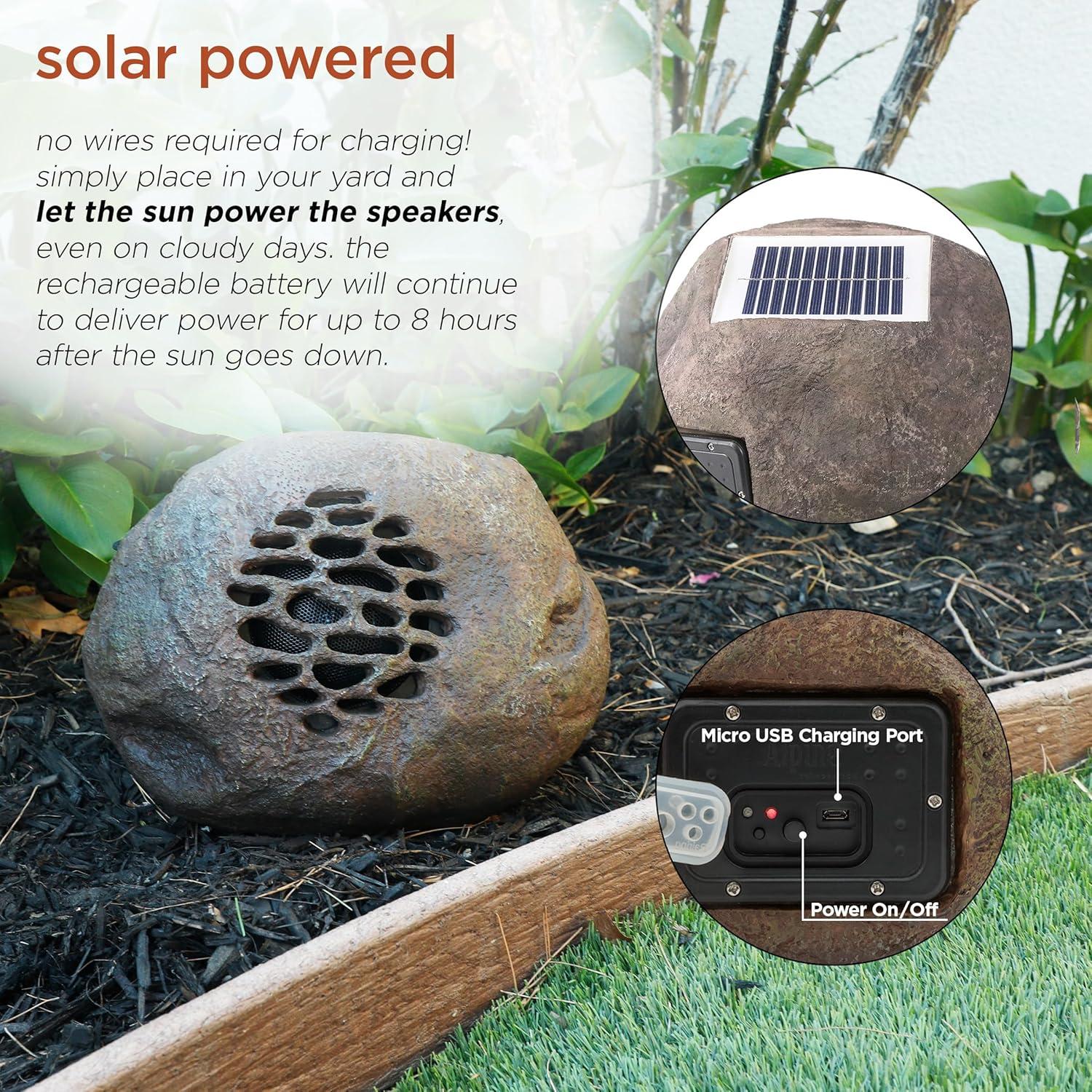 Alpine Corporation Waterproof Bluetooth Solar-Powered Outdoor Wireless Rock Speakers, Set of 2