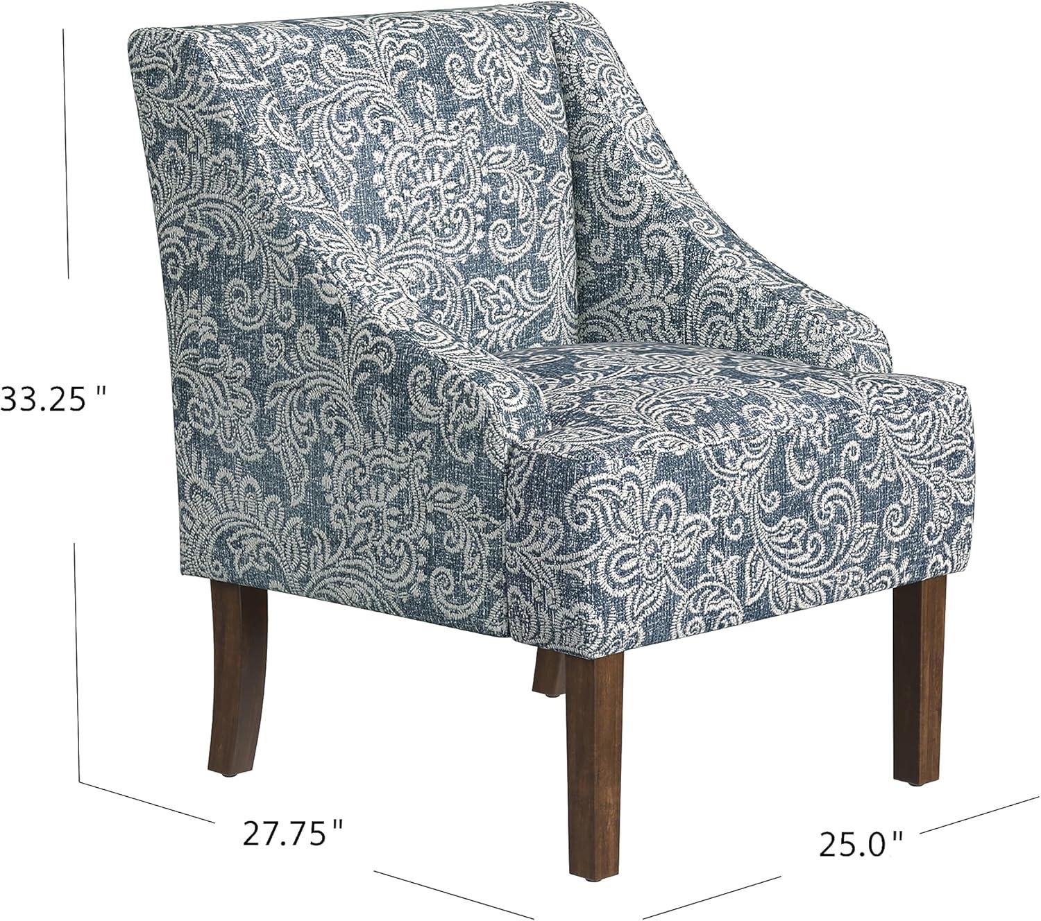 Blue Denim Jacobean Print Swoop Arm Accent Chair with Wood Legs