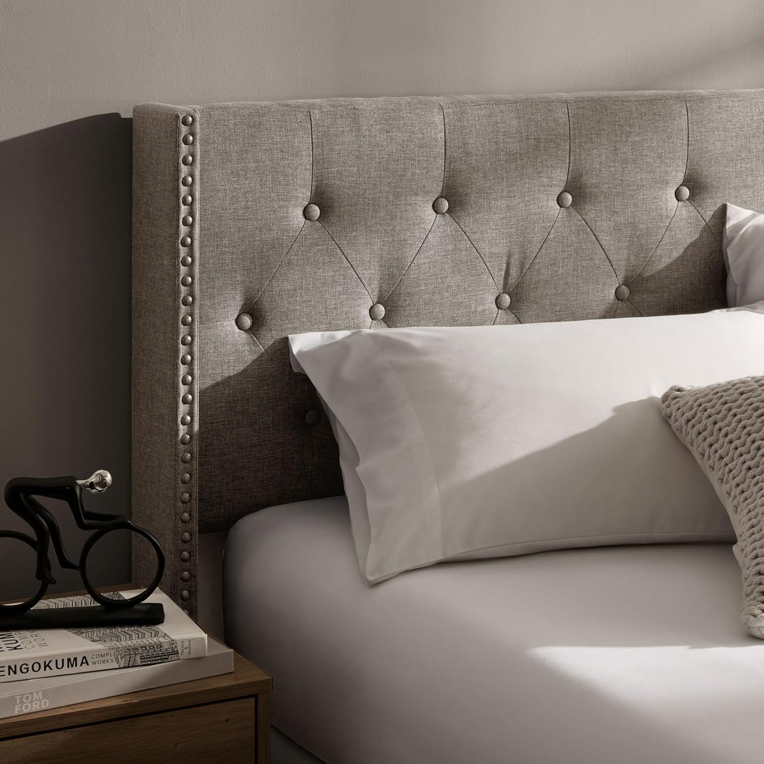 Hearth & Harbor Full Size Bed Frame with Wingback Headboard - Linen Platform, Button-Tufted Upholstered, Modern Double Bedframe, Box Spring Required, Beige