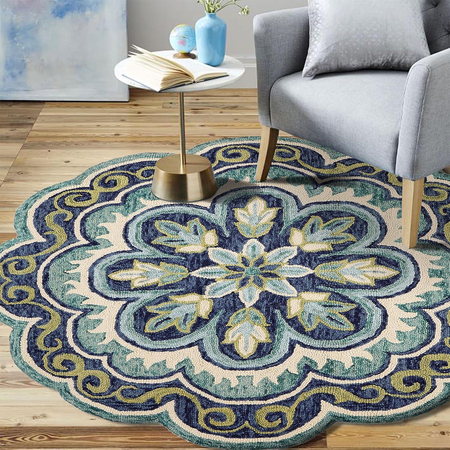 Blitz Blue Floral Hand-Tufted Wool Round Rug, 5 ft