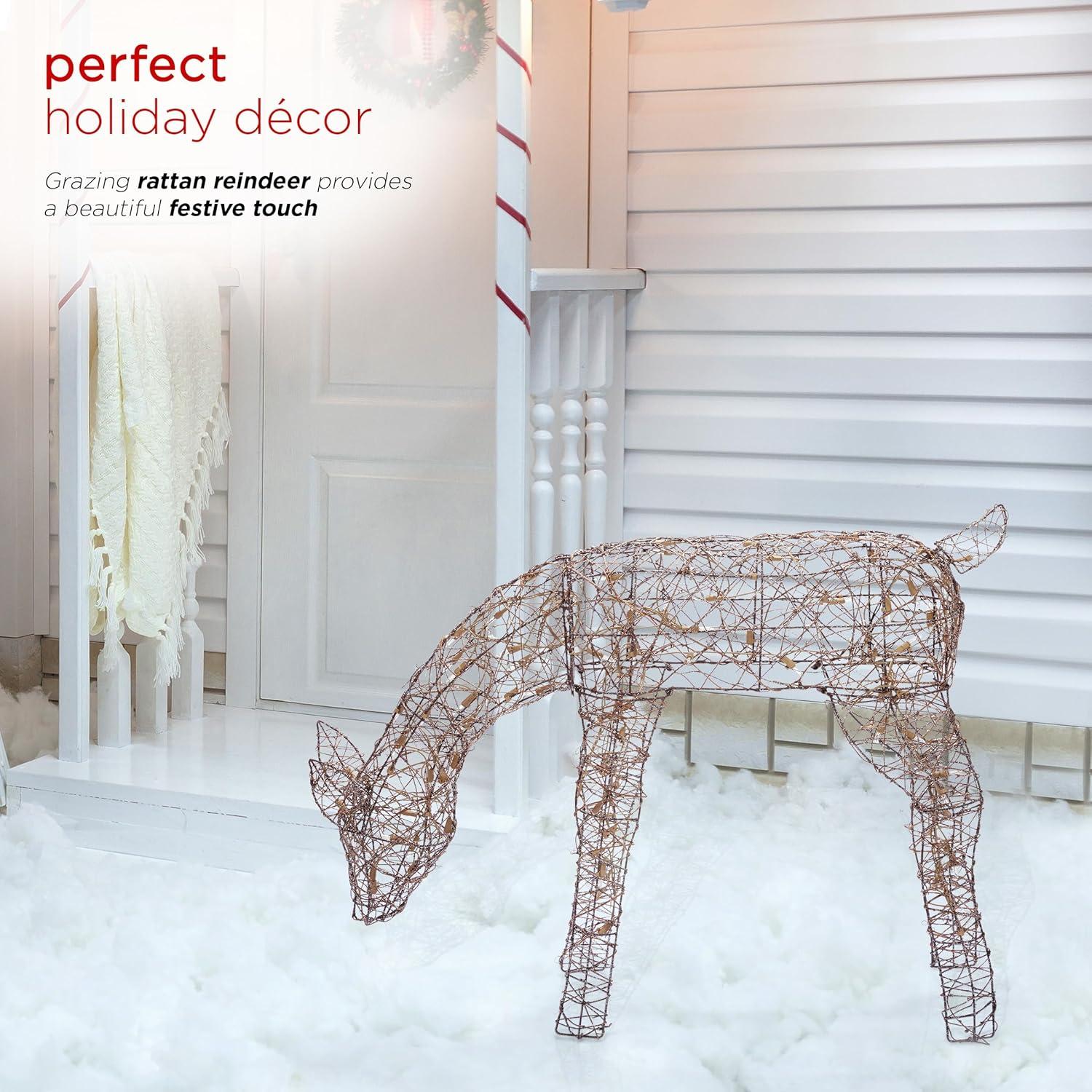 Alpine Corporation Grazing Rattan Reindeer Decoration with White Halogen Lights