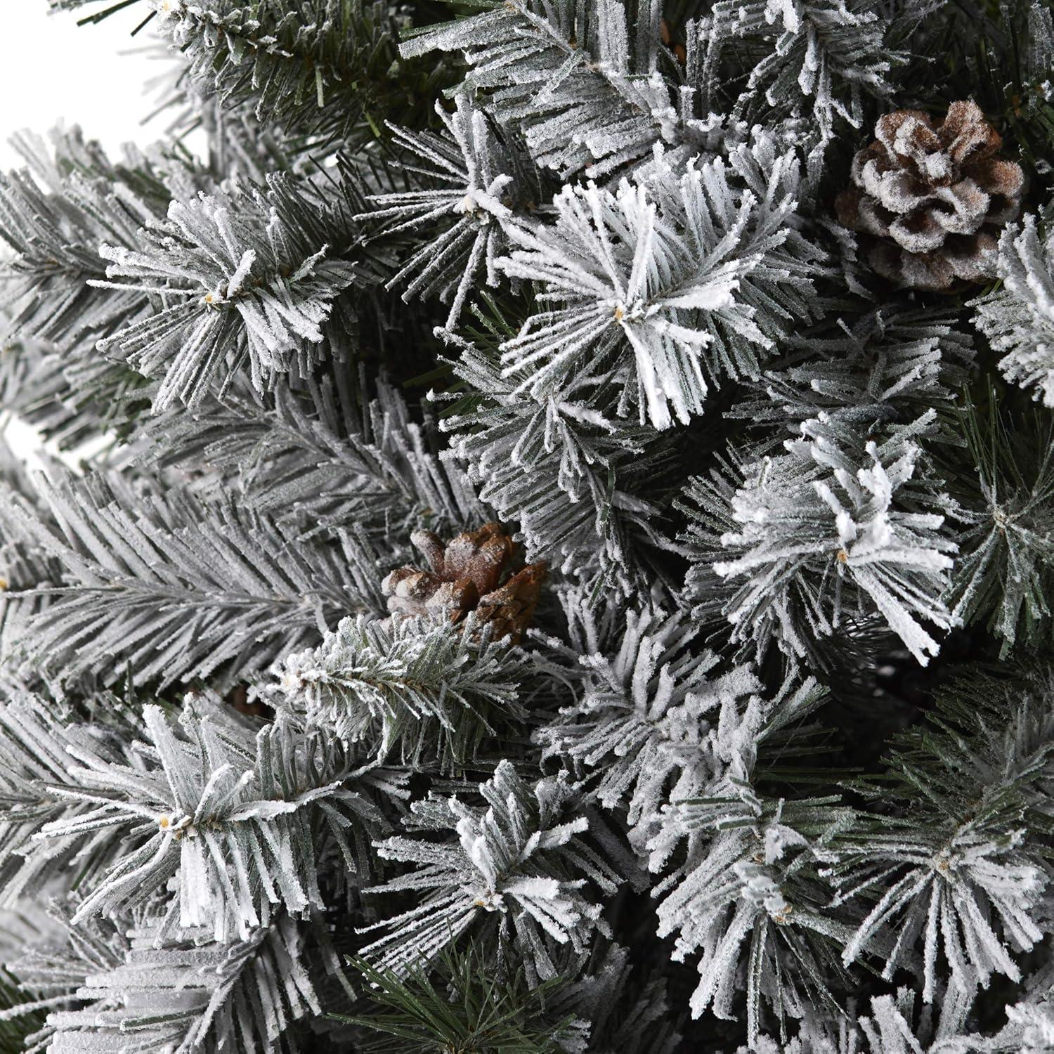 Nearly Natural 6' Flocked White River Mountain Pine Artificial Christmas Tree with Pinecones