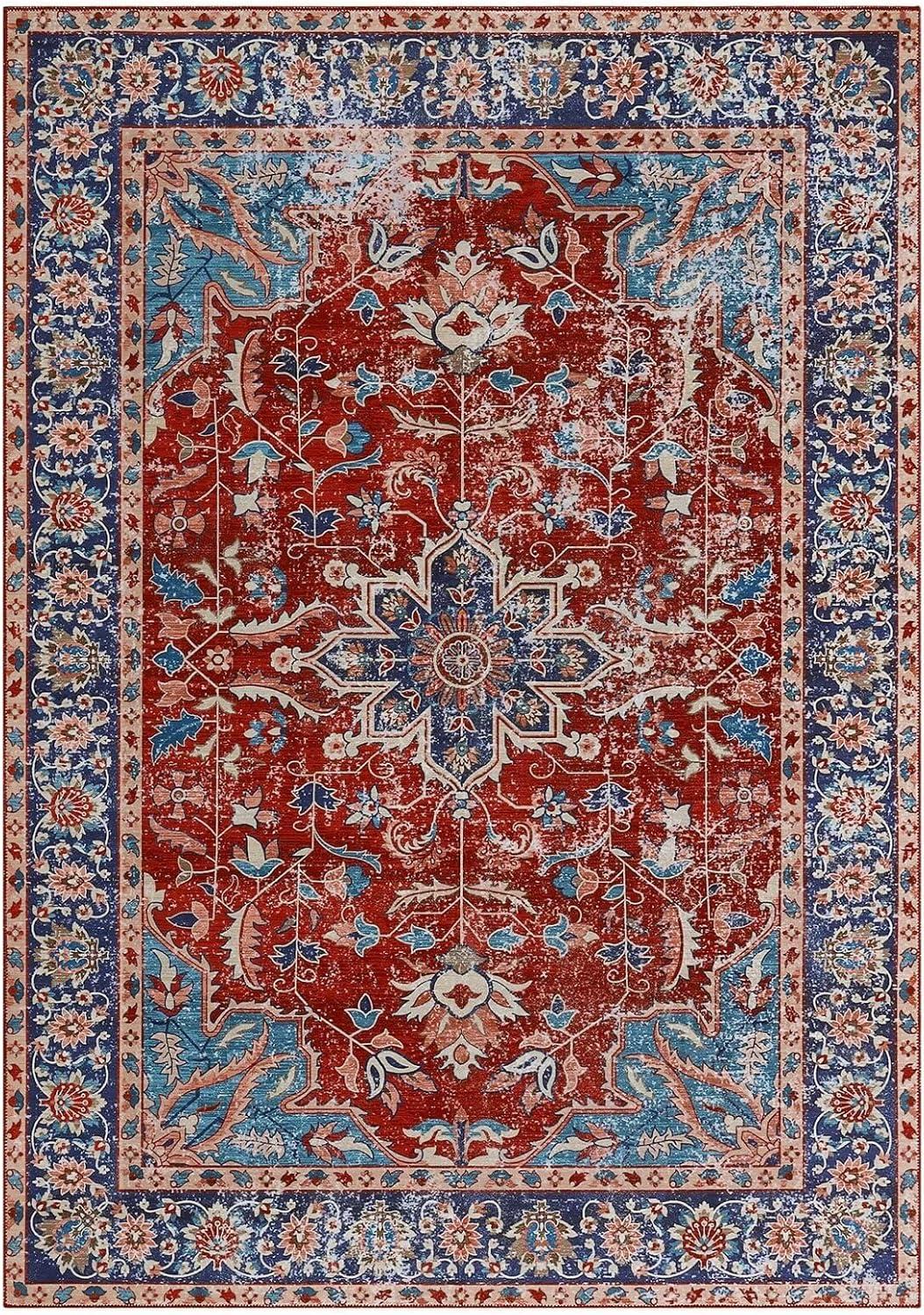 Red and Blue Floral Chenille 8' x 10' Washable Area Rug