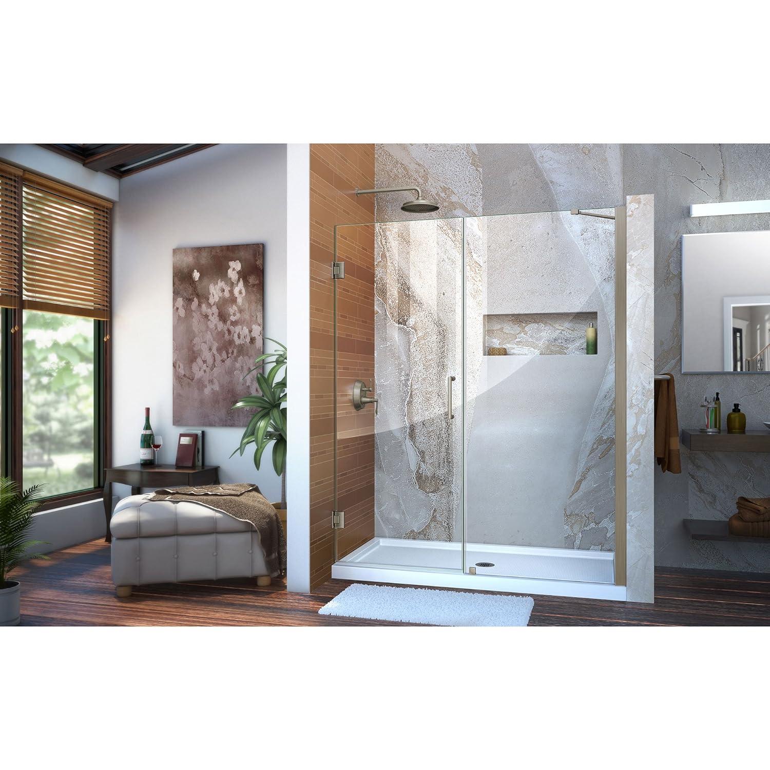 Unidoor 57" W x 72" H Hinged Frameless Shower Door and Fixed Panel with ClearMax Glass Treatment